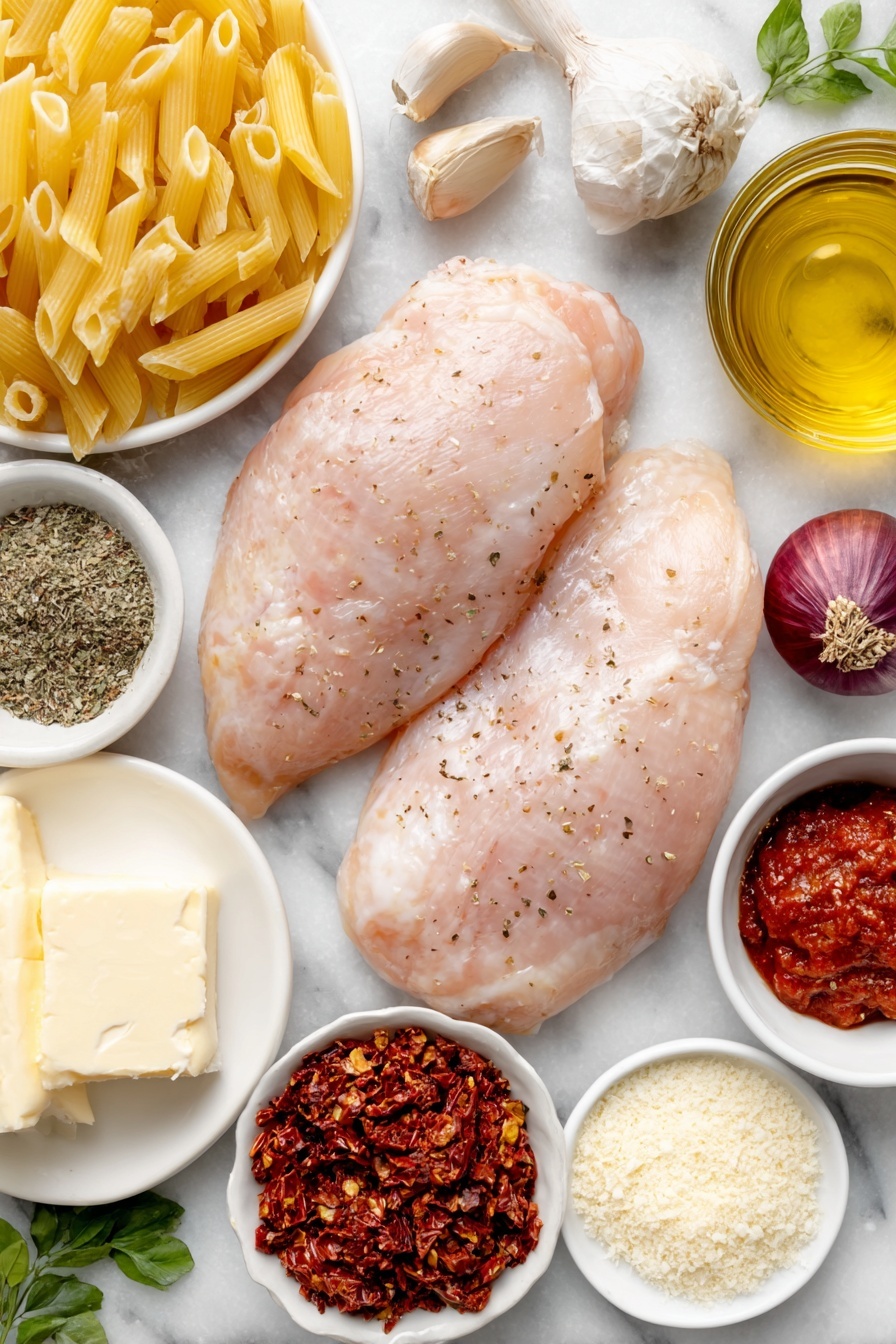 Flat lay of two medium raw chicken breasts with smooth skin, a small mound of mixed ground spices (salt, black pepper, onion powder, garlic powder, paprika) carefully arranged nearby, a drizzle of golden olive oil in a small white ceramic bowl, uncooked penne pasta piled neatly, two tablespoons of unsalted butter solid and creamy on a white plate, a whole large shallot with glossy purple skin next to several garlic cloves with intact papery skins, tiny white bowl holding bright red tomato paste, small white bowls containing clear low-sodium chicken broth and creamy half and half, rough chopped deep red sun-dried tomatoes without oil, a small heap of crushed chicken bouillon powder, dried herbs – a small sprinkle of green parsley, basil, and oregano leaves, a delicate pile of freshly grated pale yellow Parmesan cheese, fresh green parsley and basil sprigs for garnish all placed on a clean white marble surface, soft natural light, photo taken with an iPhone, professional food photography style, fresh ingredients, white ceramic bowls, no bottles, no duplicates, no utensils, no packaging --ar 2:3 --v 7 --p m7354615311229779997