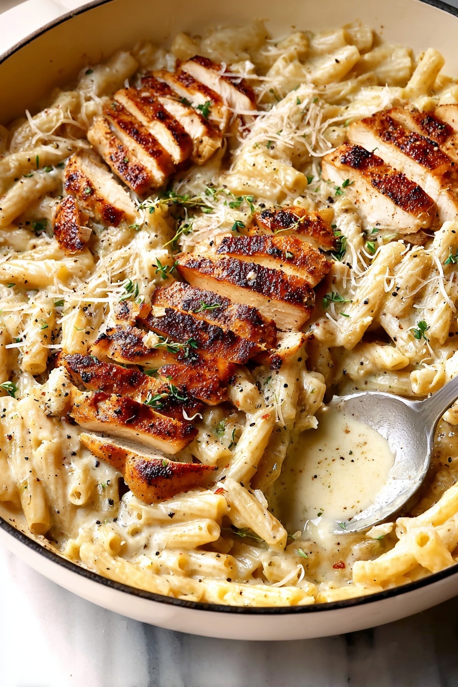 The dish shows a white pan filled mostly with creamy, light beige penne pasta covered in a smooth sauce flecked with small green herbs and bits of black pepper, creating a slightly speckled texture. On the right side of the pan, there are several pieces of golden-brown grilled chicken strips arranged close together, topped with a light sprinkling of grated cheese and chopped green parsley. The pasta looks soft and coated well with sauce, while the chicken pieces have a firm, slightly crispy outside. The pan rests on a white marbled surface. photo taken with an iphone --ar 2:3 --v 7