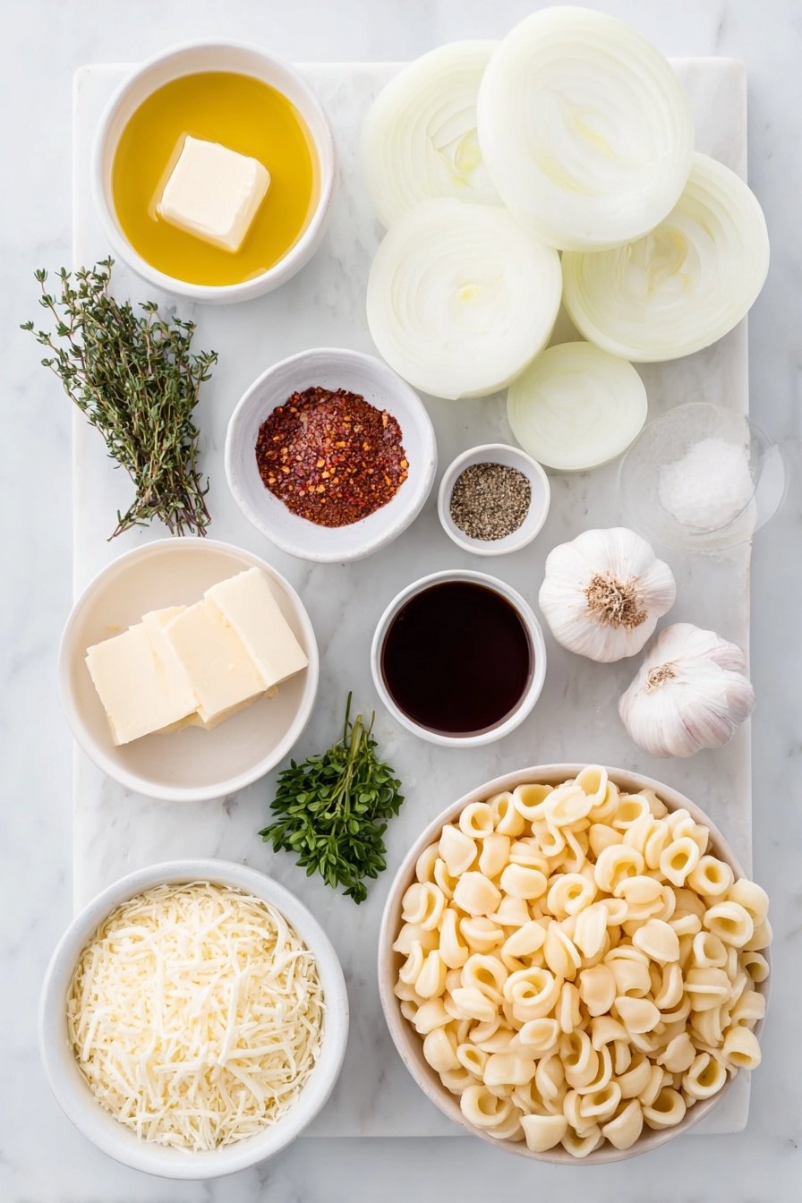 Flat lay of three large yellow onions sliced into thin rings arranged beside a small pile of four whole garlic cloves, two small white ceramic bowls—one holding golden olive oil and another with unsalted butter, a small white bowl with coarse red pepper flakes, a tiny bowl of Worcestershire sauce beside another small bowl with soy sauce, a white ceramic bowl containing light evaporated milk, a small bowl with pale cornstarch powder, fresh sprigs of thyme and a small bunch of chopped parsley, a small dish with dried oregano and paprika, uncooked pale beige orecchiette pasta neatly fanned out, a white bowl filled with freshly shredded Gruyere cheese next to another bowl of shredded Parmesan cheese, a small bowl with coarse salt and whole peppercorns, all items thoughtfully spaced with perfect symmetry on a clean white marble surface, soft natural light, photo taken with an iPhone, professional food photography style, fresh ingredients, white ceramic bowls, no bottles, no duplicates, no utensils, no packaging --ar 2:3 --v 7 --p m7354615311229779997