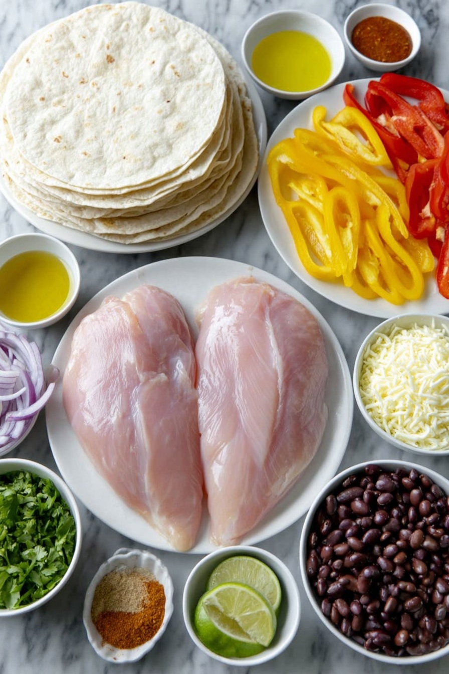Flat lay of two large raw chicken breasts, half a red onion thinly sliced, three colorful bell peppers sliced into strips (red, yellow, and green), a stack of soft flour tortillas, small white bowls containing olive oil, brown sugar, orange juice, lime juice, reduced sodium soy sauce, Dijon mustard, chili powder, ground cumin, garlic powder, onion powder, smoked paprika, chipotle chili powder, dried oregano, ground black pepper, liquid smoke, sour cream, mayonnaise, and freshly squeezed lime juice, a small pile of finely chopped fresh cilantro, ripe avocados halved and chopped, shredded cheese, a small white bowl of fresh chopped tomatoes, black beans, and a bowl of salsa, all neatly arranged with perfect symmetry and realistic proportions, on simple white ceramic plates and bowls placed on a clean white marble surface, soft natural light, photo taken with an iPhone, professional food photography style, fresh ingredients, white ceramic bowls, no bottles, no duplicates, no utensils, no packaging --ar 2:3 --v 7 --p m7354615311229779997