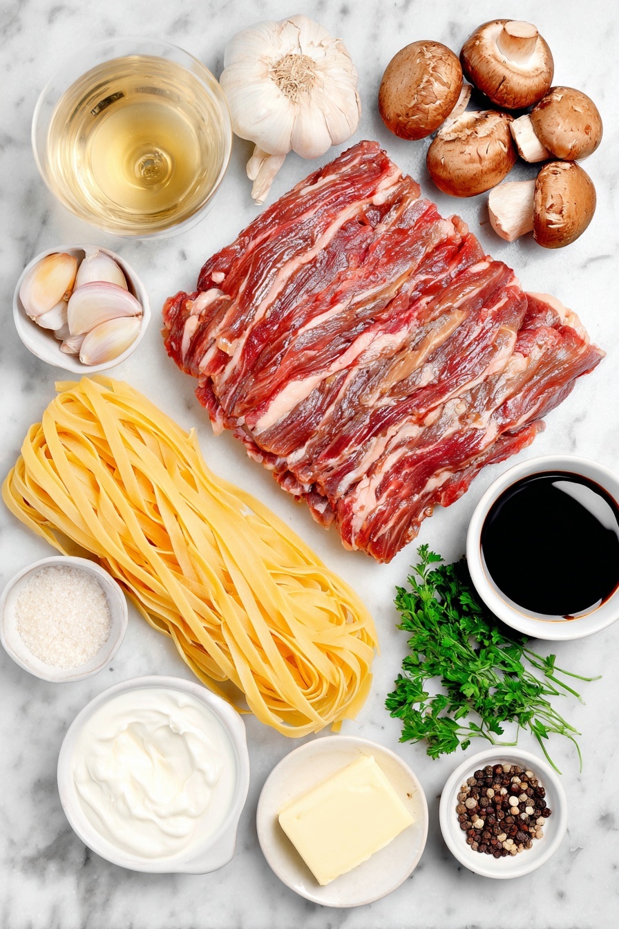 Flat lay of wide egg noodles uncooked with smooth yellow ribbons, a small slab of golden butter, a thick pile of thinly-sliced raw flank steak with deep red color and marbling, a small white onion sliced into thin rings, a rustic mix of fresh button and baby bella mushrooms whole and halved, four whole uncracked brown garlic cloves, a small white ceramic bowl filled with pale dry white wine, a small white ceramic bowl holding rich brown beef stock, a small white ceramic bowl of dark Worcestershire sauce, a small white ceramic bowl of fine all-purpose flour powder, a small white ceramic bowl filled with creamy plain Greek yogurt, a few sprigs of fresh chopped parsley scattered neatly, a small white ceramic bowl with coarse sea salt crystals, and a small white ceramic bowl with cracked black peppercorns — all arranged symmetrically on a clean white marble surface, soft natural light, photo taken with an iPhone, professional food photography style, fresh ingredients, white ceramic bowls, no bottles, no duplicates, no utensils, no packaging --ar 2:3 --v 7 --p m7354615311229779997