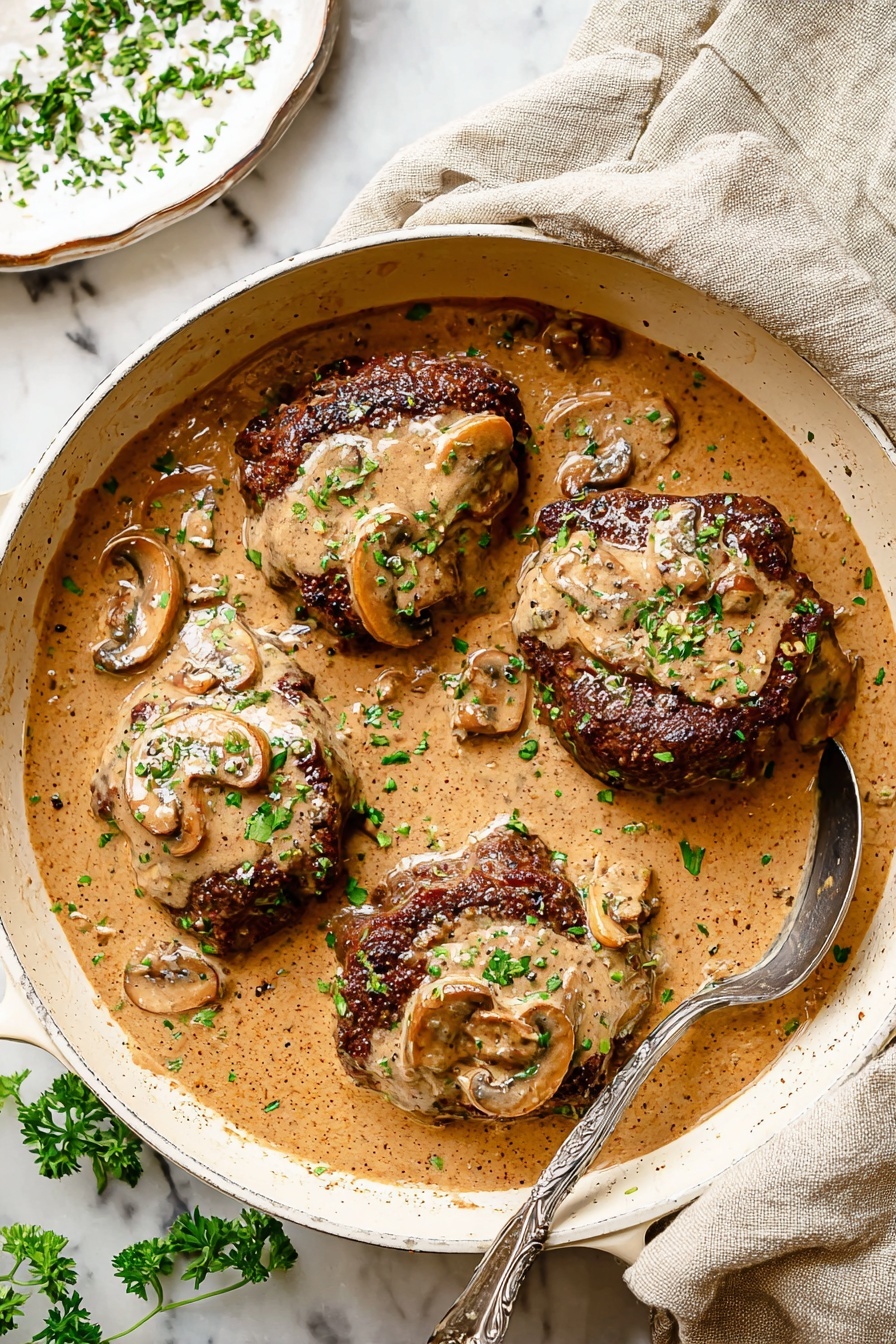 The image shows several dark brown cooked meat pieces immersed in a thick, creamy brown mushroom sauce. The sauce has visible slices of light brown mushrooms and is sprinkled with small green herb pieces, likely parsley, scattered on top and throughout the dish. The dish is inside a pan or bowl with a rustic brown edge, placed on a white marbled surface. The texture of the sauce looks smooth with specks of black pepper visible. photo taken with an iphone --ar 2:3 --v 7
