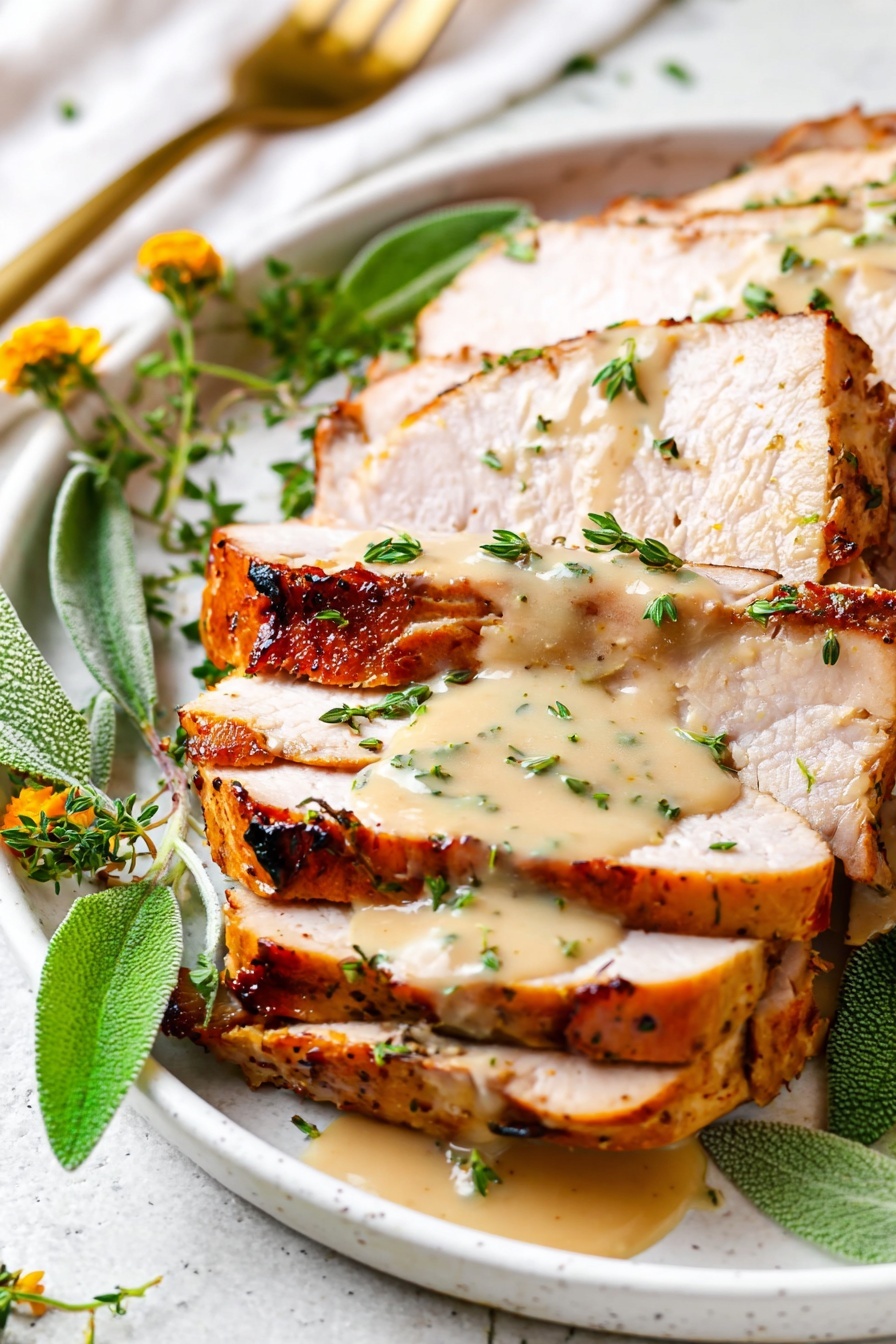 The image shows a white plate with two rows of sliced cooked chicken arranged side by side, each slice showing a browned, slightly crispy outer layer and tender white inside. The chicken slices are covered with a smooth, light brown gravy that drips slightly down the sides. Fresh green herbs are sprinkled over the chicken and placed around the edges of the plate, adding texture and color contrast. On the right side of the plate near the edge, there is a bright orange flower. The plate sits on a white marbled surface with a red and white striped cloth partially visible in the bottom left corner. A gold fork rests near the top right edge of the plate. Photo taken with an iphone --ar 2:3 --v 7