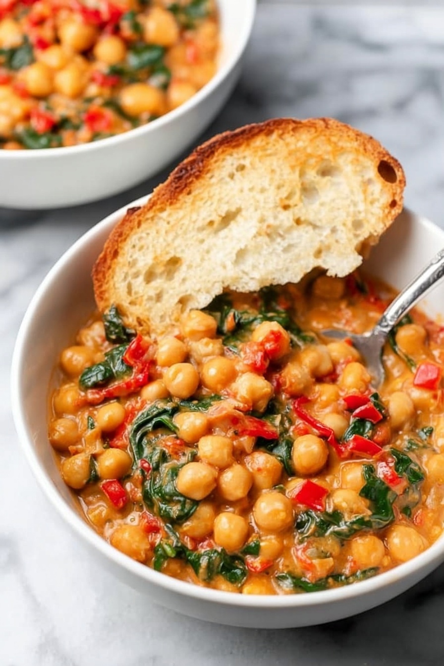 A white bowl filled with a thick dish made of round chickpeas, creamy orange sauce, and wilted green spinach pieces mixed with small slices of red pepper, creating a colorful and hearty look. A piece of light golden toasted bread leans against the side of the bowl, slightly soaking in the sauce. A metal spoon stands inside the bowl, partially visible, ready to scoop the meal. In the background, there is another white bowl with the same dish, slightly out of focus, all placed on a white marbled surface. photo taken with an iphone --ar 2:3 --v 7