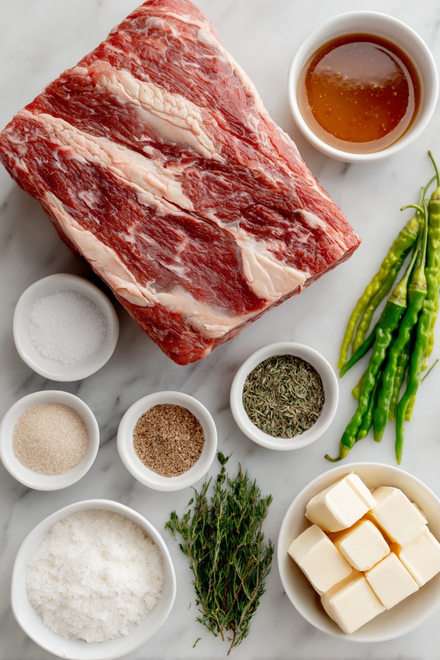 Flat lay of a fresh, uncut chuck roast resting next to a small white bowl filled with rich beef stock, a small white bowl with amber pepperoncini juice, a neat cluster of whole bright yellow-green pepperoncini peppers, a few sprigs of dried dill and dried parsley placed separately in small piles, small white bowls each containing garlic powder, onion powder, fine sea salt, and black pepper, one whole bay leaf, several small cubes of pale unsalted butter arranged neatly on a small white dish, and a small white bowl with fine white cornstarch, all ingredients arranged in perfect symmetry around the centerpiece of the chuck roast, placed on a clean white marble surface, soft natural light, photo taken with an iPhone, professional food photography style, fresh ingredients, white ceramic bowls, no bottles, no duplicates, no utensils, no packaging --ar 2:3 --v 7 --p m7354615311229779997