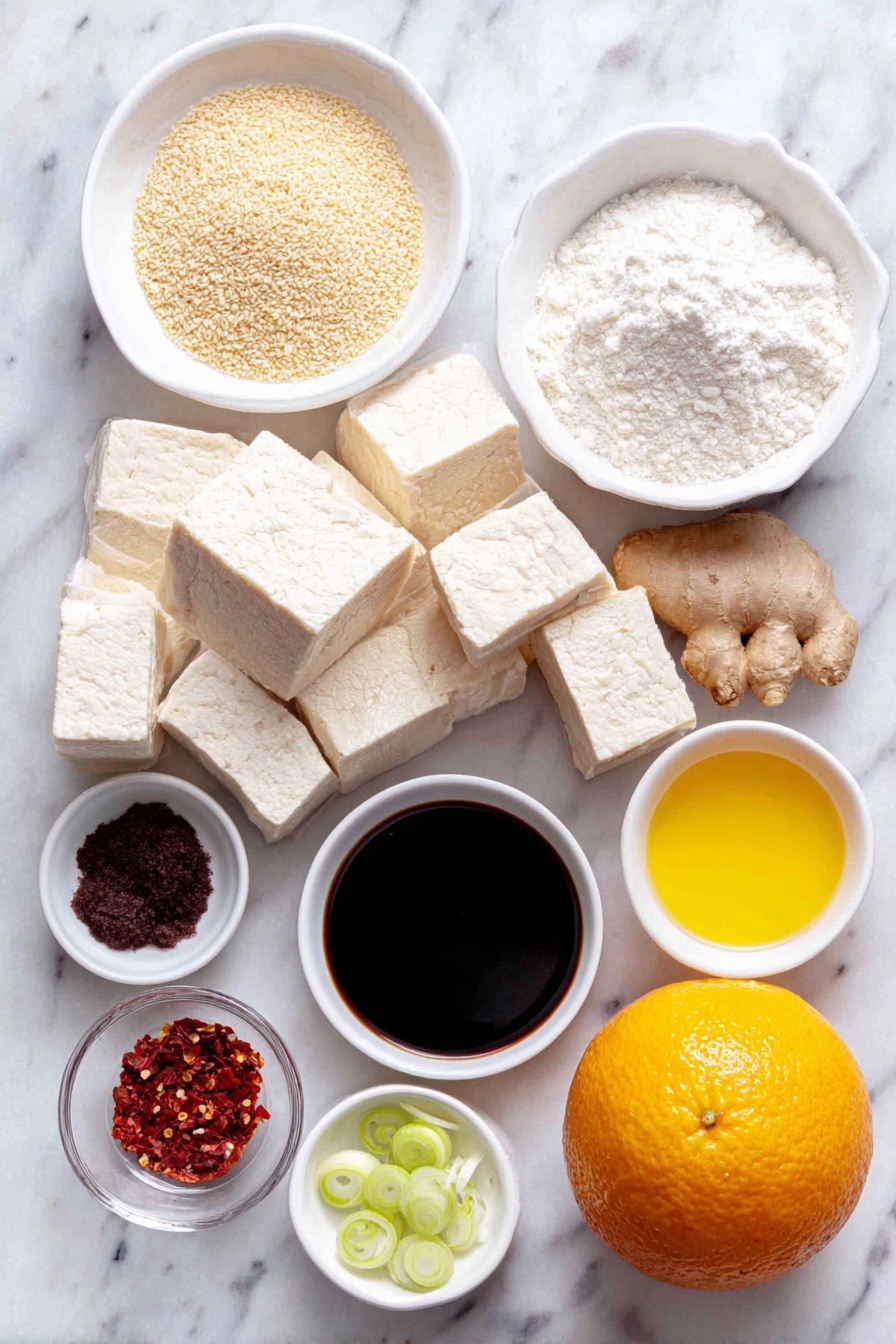 Flat lay of a block of firm tofu cut into cubes, a small pile of cornstarch powder, a small white bowl of dark soy sauce, a small white bowl of golden avocado oil, a small white bowl of bright orange juice, a small white bowl of dark brown sugar crystals, a small white bowl of pale rice vinegar, a whole fresh orange with a small pile of orange zest, four peeled garlic cloves, a small pile of grated fresh ginger, a small pile of red chili flakes, a small white bowl of warm water, a small white bowl of toasted sesame oil, a handful of sliced green onions, and a small pile of toasted sesame seeds placed on a clean white marble surface, soft natural light, photo taken with an iPhone, professional food photography style, fresh ingredients, white ceramic bowls, no bottles, no duplicates, no utensils, no packaging --ar 2:3 --v 7 --p m7354615311229779997