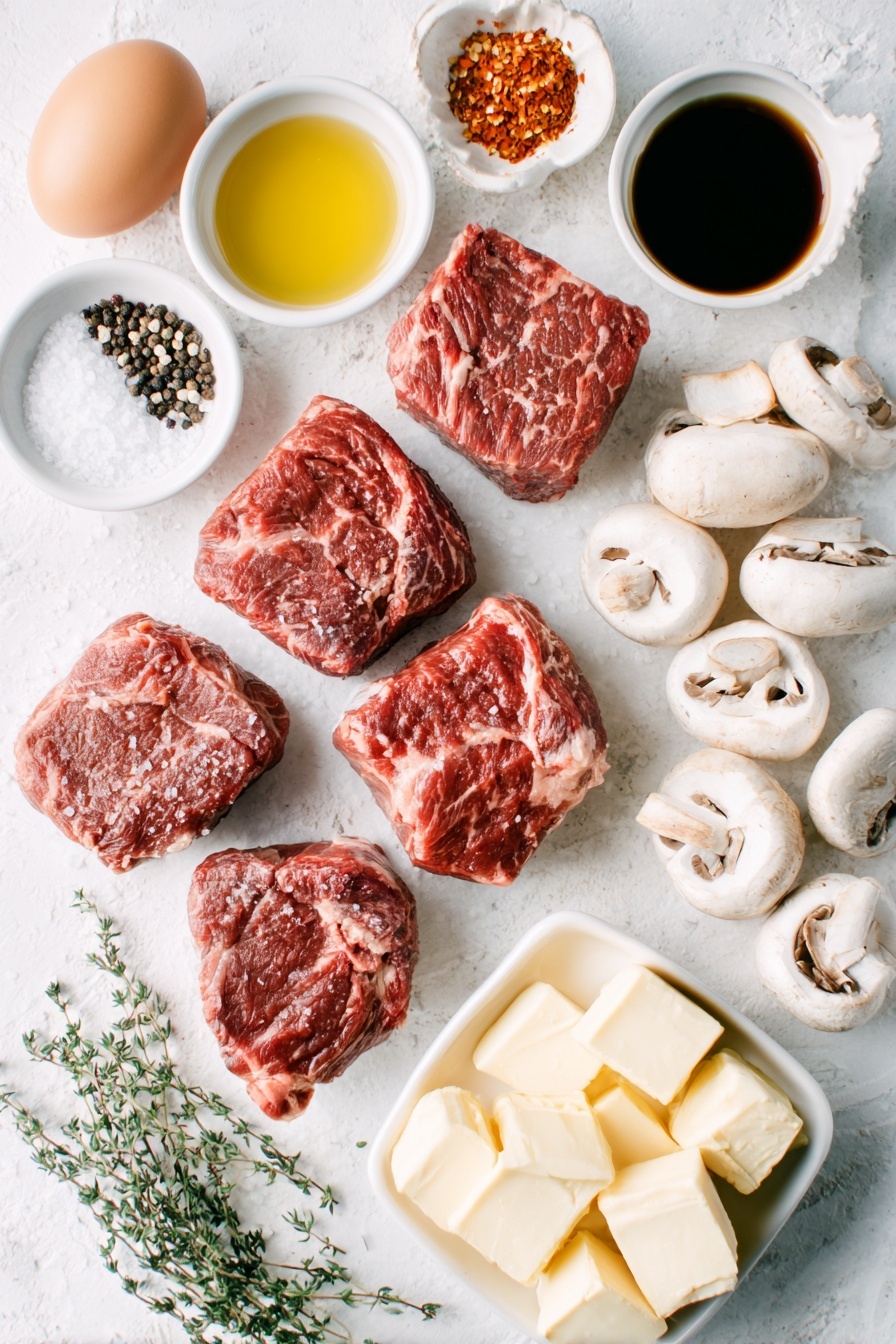 Flat lay of four whole beef tenderloin steaks with smooth, deep red color and marbling, a small pile of coarse kosher salt crystals, a small heap of freshly cracked black peppercorns, a few uncracked brown eggs with clean shells, a small white ceramic bowl filled with golden olive oil, a small white ceramic bowl holding thick unsalted butter chunks, a cluster of fresh cremini mushrooms sliced about a quarter inch thick showing creamy brown caps and white stems, a small mound of finely minced pale purple shallots, a small dollop of rich red tomato paste on a white ceramic plate, three peeled garlic cloves next to a tiny pile of minced garlic, a pinch of bright red crushed red pepper flakes on a white ceramic spoon-shaped dish, a small white ceramic bowl with finely sifted pale wheat flour, a small white ceramic bowl with deep brown beef broth, a small white ceramic bowl holding thick dark Worcestershire sauce, a small white ceramic bowl with glossy dark soy sauce, a small white ceramic bowl filled with smooth pale yellow Dijon mustard, a small heap of crushed beige beef bouillon powder, a delicate bundle of dried oregano leaves, a small pile of dried thyme sprigs, a small white ceramic bowl with creamy white heavy cream, a small bunch of fresh flat-leaf parsley with bright green leaves, a mound of fluffy mashed potatoes with a smooth creamy texture arranged on a simple white ceramic plate, and a small handful of fresh chives with slender green stalks—all arranged symmetrically with balanced spacing and perfect proportions—placed on a clean white marble surface, soft natural light, photo taken with an iPhone, professional food photography style, fresh ingredients, white ceramic bowls, no bottles, no duplicates, no utensils, no packaging --ar 2:3 --v 7 --p m7354615311229779997
