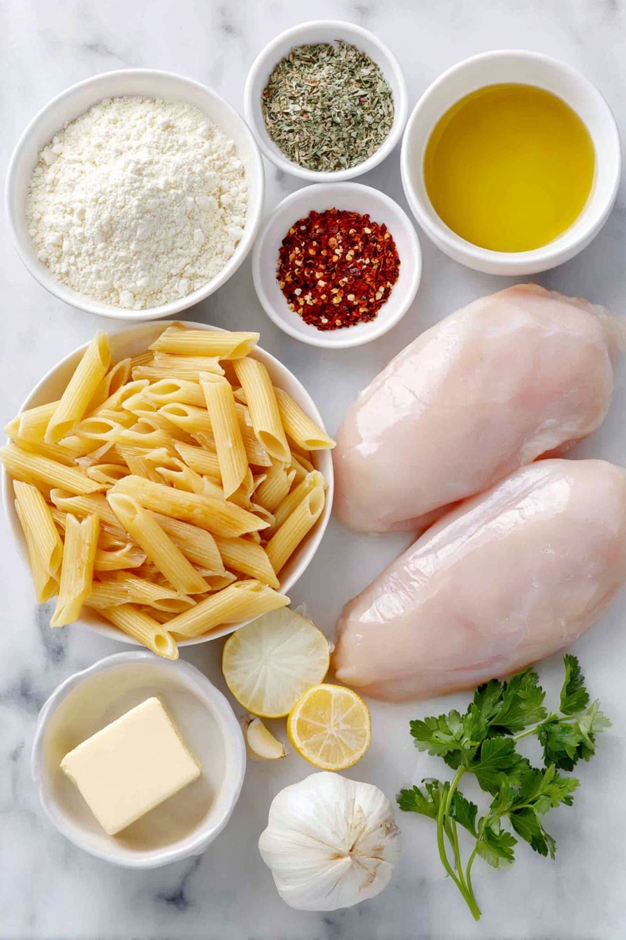 Flat lay of two medium raw chicken breasts with smooth pale skin, a small mound of mixed fine spices (salt, black pepper, onion powder, garlic powder, paprika) sprinkled neatly beside them, a small white ceramic bowl filled with golden olive oil, a generous pile of uncooked penne pasta with its hollow ridged tubes, two tablespoons of unsalted butter in a white bowl, one large shallot peeled and chopped into roughly half-inch pieces on a white plate, four to six fresh garlic cloves with papery skins intact arranged beside minced garlic in a small white bowl, a pinch of bright red crushed red pepper flakes in a tiny white bowl, a small mound of pale all-purpose flour on the side, a white ceramic bowl holding light golden low-sodium chicken broth, another white bowl containing creamy half and half, a tiny heap of powdered chicken bouillon, a small pile of mixed dried parsley, basil, and oregano herbs on a white plate, a neat heap of finely grated fresh Parmesan cheese, a few sprigs of fresh leafy parsley, and one fresh lemon cut in half showing bright yellow juicy flesh—all ingredients vivid and natural in color, perfectly arranged symmetrically on a clean white marble surface, soft natural light, photo taken with an iPhone, professional food photography style, fresh ingredients, white ceramic bowls, no bottles, no duplicates, no utensils, no packaging --ar 2:3 --v 7 --p m7354615311229779997