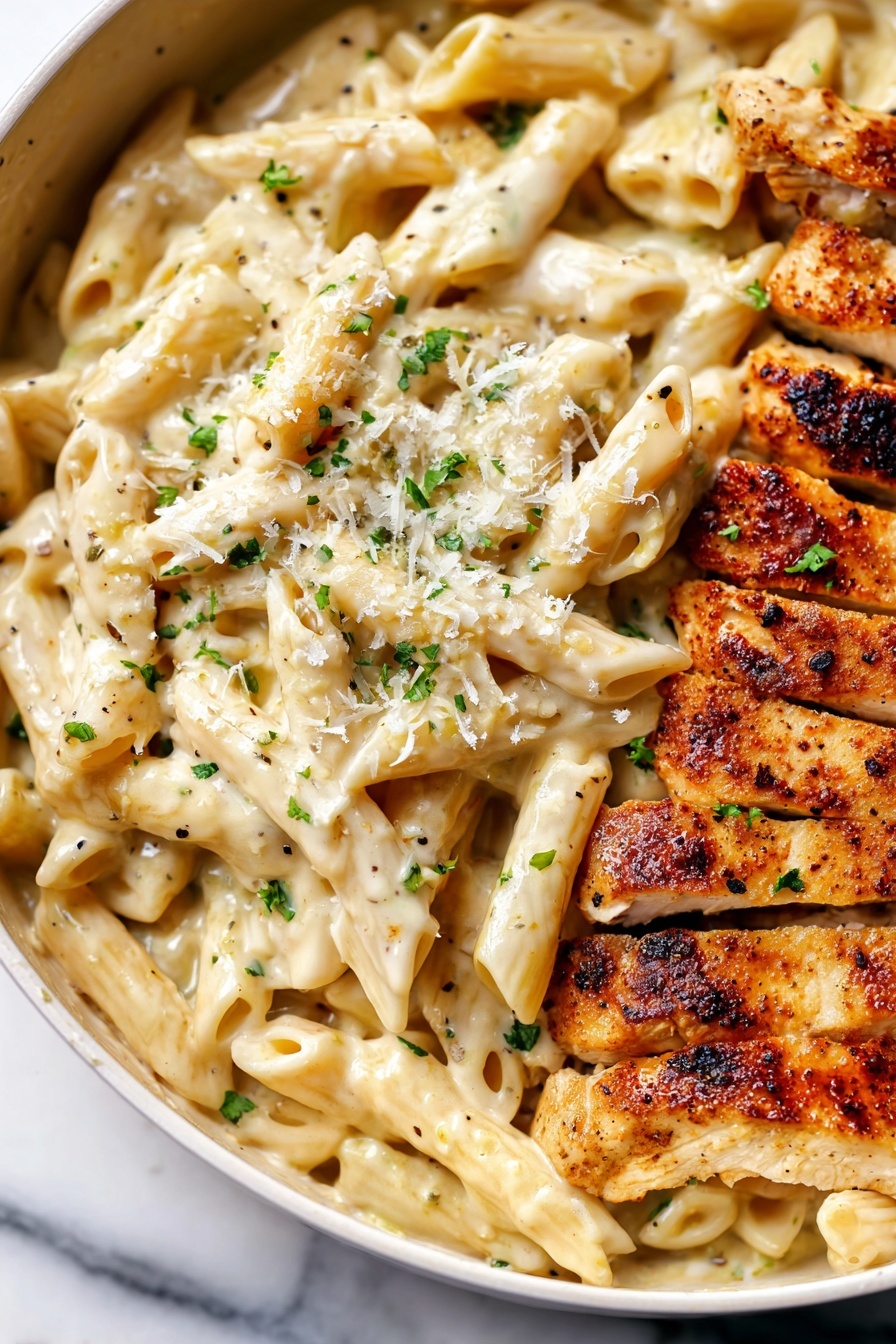 A round white pan filled with creamy off-white pasta shaped like ridged tubes, coated in a thick sauce with visible black pepper flakes and sprinkled with small green herb bits. On top, two pieces of golden-brown grilled chicken are sliced into strips, showing a slightly juicy interior with a crisp outside, garnished with grated cheese and chopped green herbs. A large spoon rests inside the pan with sauce dripping slightly. The pan sits on a white marbled surface with soft natural light illuminating the dish. photo taken with an iphone --ar 2:3 --v 7
