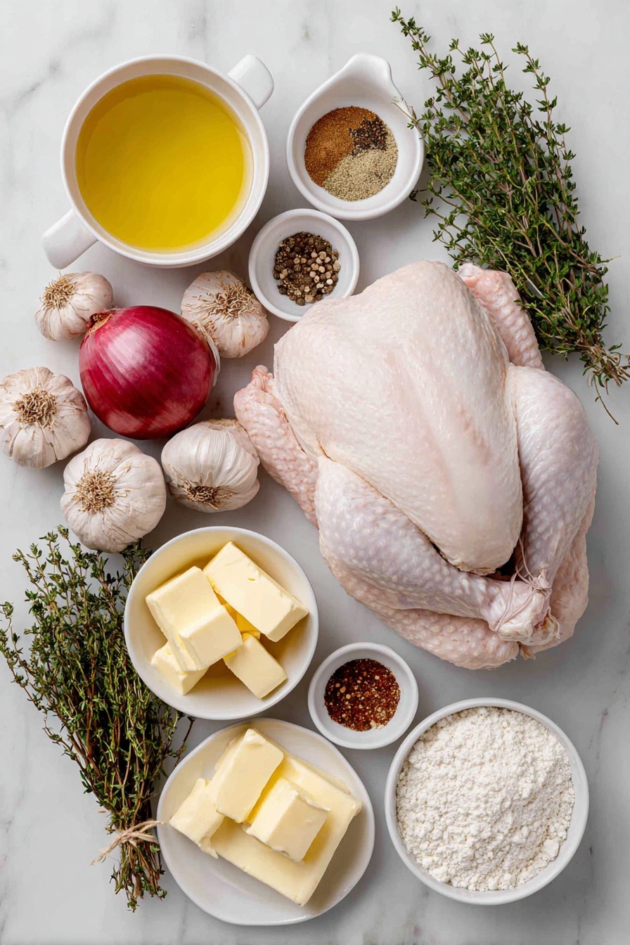 Flat lay of a whole bone-in, skin-on turkey breast with golden skin, a cluster of whole uncracked brown garlic cloves, two medium onions thinly sliced into rings, several bright orange slices, a small bunch of fresh thyme, rosemary, and sage sprigs tied loosely together, a small white ceramic bowl filled with pale golden olive oil, another small white bowl holding soft unsalted butter chunks, a simple white bowl containing smooth Dijon mustard, a delicate arrangement of ground spices including paprika, dried rosemary, dried parsley, dried thyme, dried oregano, ground cumin, salt, and pepper carefully placed on a clean white surface, a small white bowl with pale chicken broth, and a small mound of all-purpose flour on a white ceramic plate, all placed on a clean white marble surface, soft natural light, photo taken with an iPhone, professional food photography style, fresh ingredients, white ceramic bowls, no bottles, no duplicates, no utensils, no packaging --ar 2:3 --v 7 --p m7354615311229779997