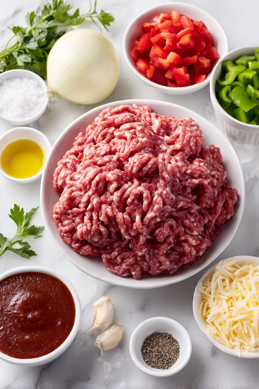 Flat lay of fresh lean ground beef formed into a compact mound, a small drizzle of golden olive oil in a white ceramic bowl, half a medium yellow onion with natural layers visible, two whole cloves of garlic with papery skin intact, one vibrant red bell pepper finely chopped in a neat pile, one fresh green bell pepper finely chopped beside it, two simple white bowls each holding bright red diced tomatoes, a white bowl filled with smooth tomato sauce, a small white bowl filled with rich beef broth, a small white bowl containing glossy Worcestershire sauce, a small white bowl with white granulated sugar, a white bowl with mixed dried Italian seasoning herbs, a neat pile of salt crystals and black peppercorns side by side on the white surface, a small mound of fluffy cooked long grain white rice, fresh Italian parsley sprigs with vibrant green leaves, and a small pile of shredded cheddar and mozzarella cheese beside each other — all arranged with perfect symmetry on a clean white marble surface, soft natural light, photo taken with an iPhone, professional food photography style, fresh ingredients, white ceramic bowls, no bottles, no duplicates, no utensils, no packaging --ar 2:3 --v 7 --p m7354615311229779997