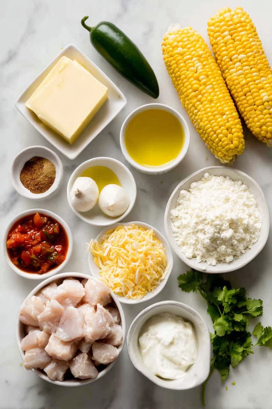 Flat lay of unsalted butter in a small white ceramic dish, a small white bowl of olive oil, a halved large onion diced, one whole jalapeno with bright green skin, raw chopped chicken breast pieces arranged neatly, a small white bowl with ground cumin powder, salt and chili powder mixed finely, a small white bowl containing smoked paprika and dried oregano, one chopped red bell pepper, a small white bowl filled with flour, four whole garlic cloves unpeeled, a small white bowl of low sodium chicken broth, a small white bowl with cornstarch powder, a white ceramic bowl with cream-style corn kernels, fresh whole ears of sweet corn with husks partially removed, a small white bowl holding diced fire-roasted tomatoes, a small white bowl of mild diced green chilies, a block of soft cream cheese, a small pile of shredded sharp cheddar cheese, a small pile of shredded Monterrey Jack cheese, a small white bowl of hot sauce, a dollop of sour cream on a simple white plate, fresh cilantro sprigs, two sliced avocados with bright green flesh, several ripe tomatoes quartered, and triangular tortilla chips arranged sharply—all placed on a clean white marble surface, soft natural light, photo taken with an iPhone, professional food photography style, fresh ingredients, white ceramic bowls, no bottles, no duplicates, no utensils, no packaging --ar 2:3 --v 7 --p m7354615311229779997