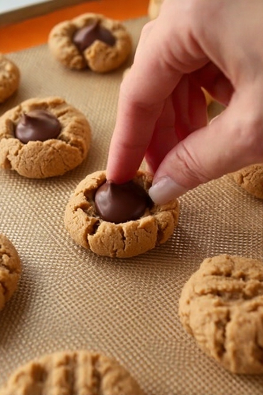 A close-up image shows a woman's hand pressing a round dark chocolate piece into the center of a golden-brown peanut butter cookie. The cookies are rough-textured and round, placed evenly on a light brown baking mat with a grid-like pattern. The background is a white marbled surface. Photo taken with an iphone --ar 2:3 --v 7
