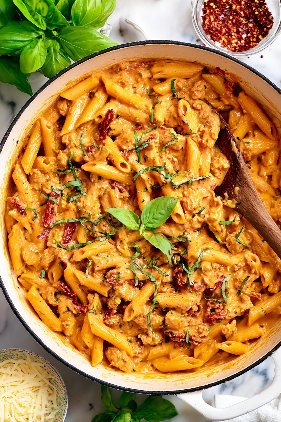 The image shows a close-up of creamy pasta with three main layers: the penne pasta that is light orange and smooth, covered in a thick sauce that looks creamy and slightly shiny with bits of red sun-dried tomatoes and green herbs scattered throughout. There are small pieces of light beige chicken mixed in, and fresh chopped green herbs are sprinkled on top, adding a fresh look. A wooden spoon is lifting some pasta and sauce from the white pan, which sits on a white marbled surface. The overall color tones are warm with orange, light beige, and green highlights, and the pasta looks rich and creamy. Photo taken with an iphone --ar 2:3 --v 7