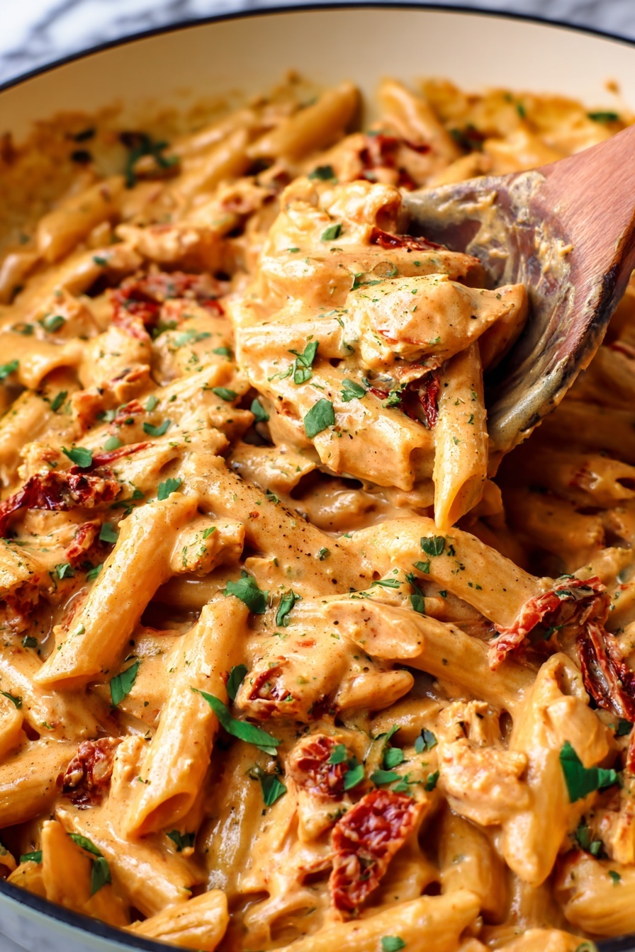 This image shows a large white pot filled with creamy orange pasta. The dish has three main layers visible: at the base are smooth orange sauce coating the penne pasta, the pasta layer is mixed evenly with pieces of light brown cooked meat, and small bits of red sun-dried tomatoes scattered throughout. The top layer is sprinkled with fresh green basil leaves and finely chopped herbs. A wooden spoon is partially dipped into the pot from the right side, stirring the pasta. The pot sits on a white marbled surface, with fresh green basil leaves and two bowls in the background, one with shredded white cheese and the other with red chili flakes. Photo taken with an iphone --ar 2:3 --v 7