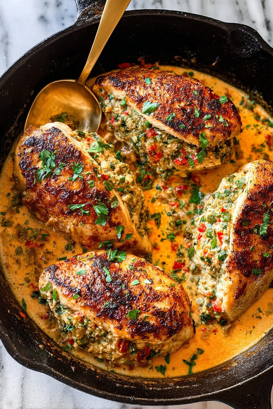 The image shows four pieces of golden-brown stuffed chicken placed inside a black cast iron skillet. Each chicken piece is cut open in the middle and filled with a colorful stuffing mix that includes green herbs, red pepper bits, and creamy white cheese. The chicken is cooked to a crisp outside with visible char marks, and it is sprinkled with fresh green parsley on top. The skillet also contains a creamy orange sauce around the chicken, with small bits of herbs and vegetables mixed in. A shiny gold spoon is placed inside the skillet resting against the side. The dish is set on a surface with a white marbled texture. photo taken with an iphone --ar 2:3 --v 7