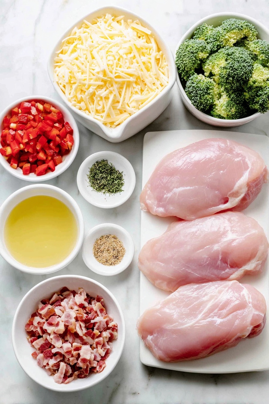 Flat lay of four medium raw chicken breasts, a small pile of fresh small chopped broccoli florets, a heaping mound of freshly shredded sharp cheddar cheese, a block of softened cream cheese, finely diced red bell pepper, chopped cooked bacon pieces, a small white bowl of golden olive oil, a small white bowl of light golden chicken broth, a small white bowl containing a pale beige garlic powder and salt mixture, a small white bowl with a light beige onion powder, paprika, and black pepper blend, and small sprinkles of dried parsley, dried chives, and dried dill arranged neatly and symmetrically, all placed on a clean white marble surface, soft natural light, photo taken with an iPhone, professional food photography style, fresh ingredients, white ceramic bowls, no bottles, no duplicates, no utensils, no packaging --ar 2:3 --v 7 --p m7354615311229779997