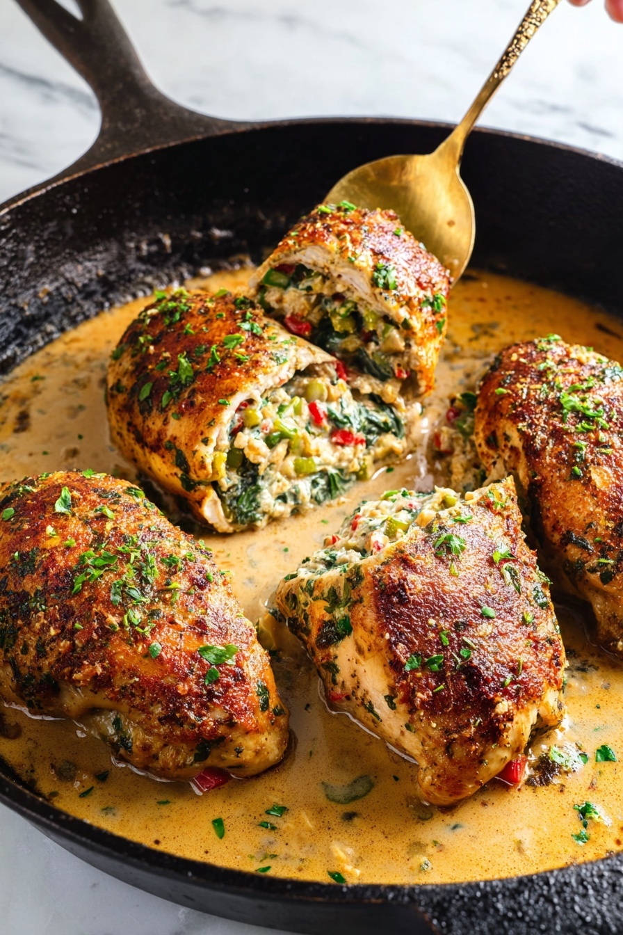 Four browned stuffed chicken breasts with a crispy outer layer sit in a black cast iron pan filled with a creamy, light brown sauce. Each chicken breast is cut open to show a colorful filling made of green vegetables and red and yellow pieces, with a texture that looks soft and moist. Small green herbs are sprinkled on top, adding freshness and contrast against the golden-brown surface of the chicken. A woman's hand is holding a golden spoon lifting one of the stuffed pieces, showing the creamy inside clearly. The pan is placed on a white marbled surface. photo taken with an iphone --ar 2:3 --v 7
