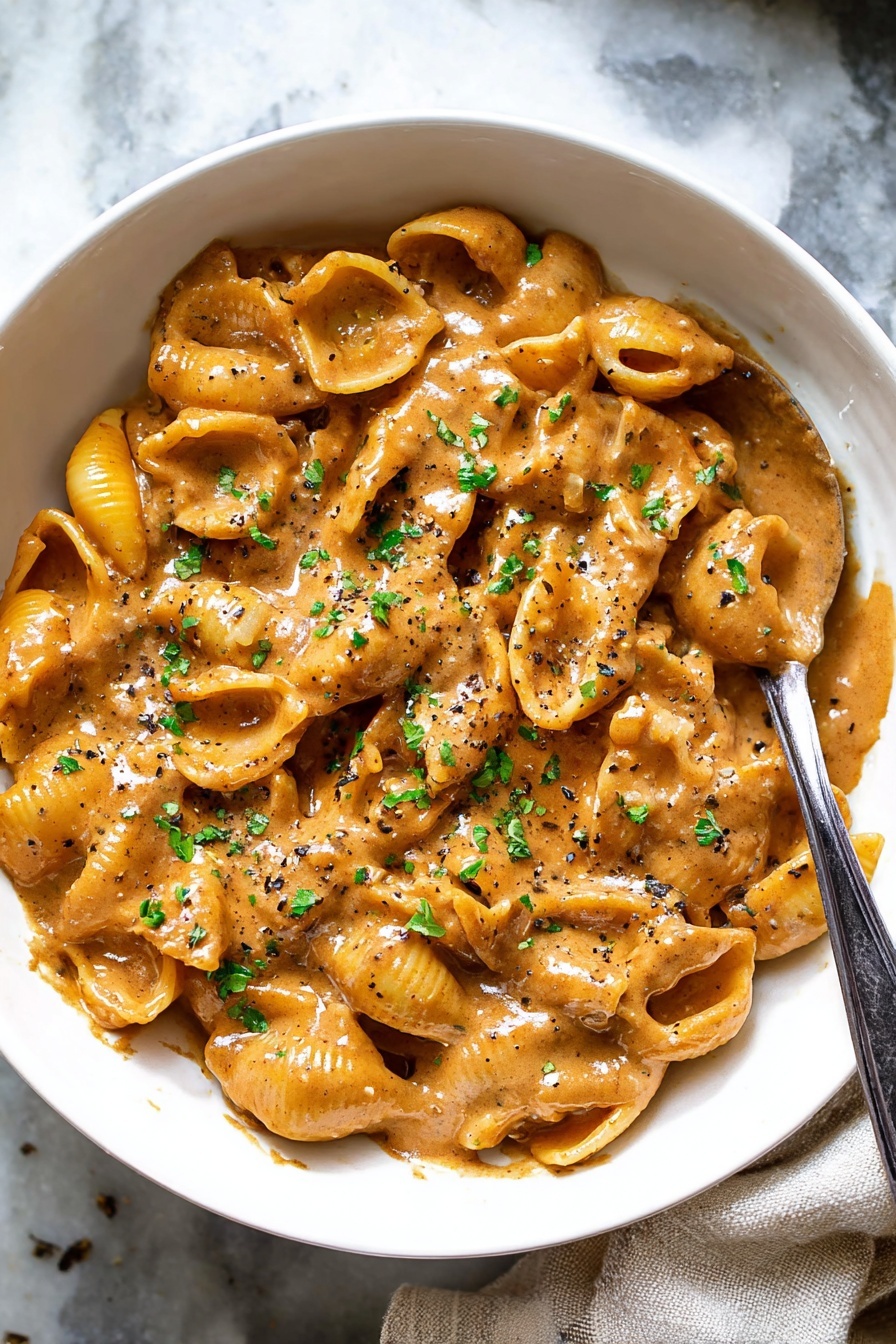 A close-up view of a white bowl filled with two layers of pasta shells covered in thick, creamy brown sauce with visible black pepper specks. Fresh green herb pieces are sprinkled evenly on top, adding a touch of color contrast. The sauce has a smooth and glossy texture coating each pasta shell, with some areas showing the pasta edges peeking out. A silver spoon is placed inside the bowl at the right side, partially scooping the pasta. The bowl sits on a white marbled surface with a soft cloth near the bottom right corner. Photo taken with an iphone --ar 2:3 --v 7