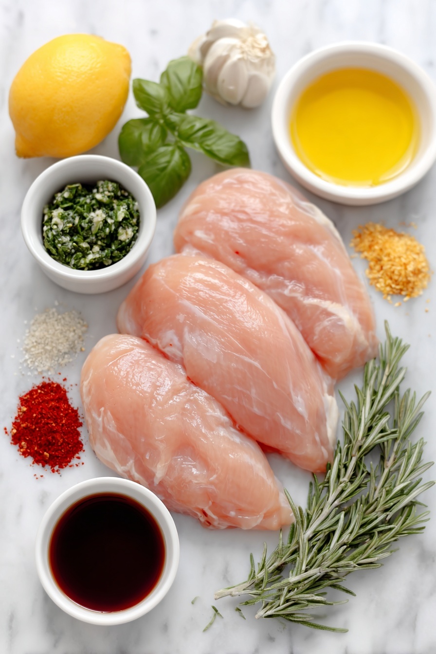 Flat lay of three fresh raw chicken breasts evenly pounded, a small white ceramic bowl of bright green basil pesto, a small white ceramic bowl with clear red wine vinegar, a small white ceramic bowl with dark glossy balsamic vinegar, a small white ceramic bowl with fresh lemon juice, small piles of dried basil, onion powder, garlic powder, salt, dried oregano, and crushed dried rosemary arranged symmetrically on the white marble surface, alongside tiny mounds of paprika, black pepper, and red pepper flakes, all ingredients fresh and natural, placed on a clean white marble surface, soft natural light, photo taken with an iPhone, professional food photography style, fresh ingredients, white ceramic bowls, no bottles, no duplicates, no utensils, no packaging --ar 2:3 --v 7 --p m7354615311229779997