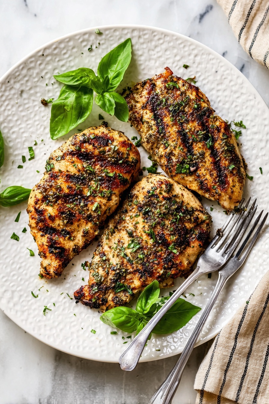The image shows three grilled pieces of chicken on a white textured plate. Each piece has dark grill marks and is sprinkled with finely chopped green herbs. Around the chicken, there are fresh, vibrant green basil leaves scattered loosely. To the lower right of the plate, two silver forks rest closely together. The plate sits on a white marbled surface with a piece of beige and black striped cloth partially visible on the right side. photo taken with an iphone --ar 2:3 --v 7