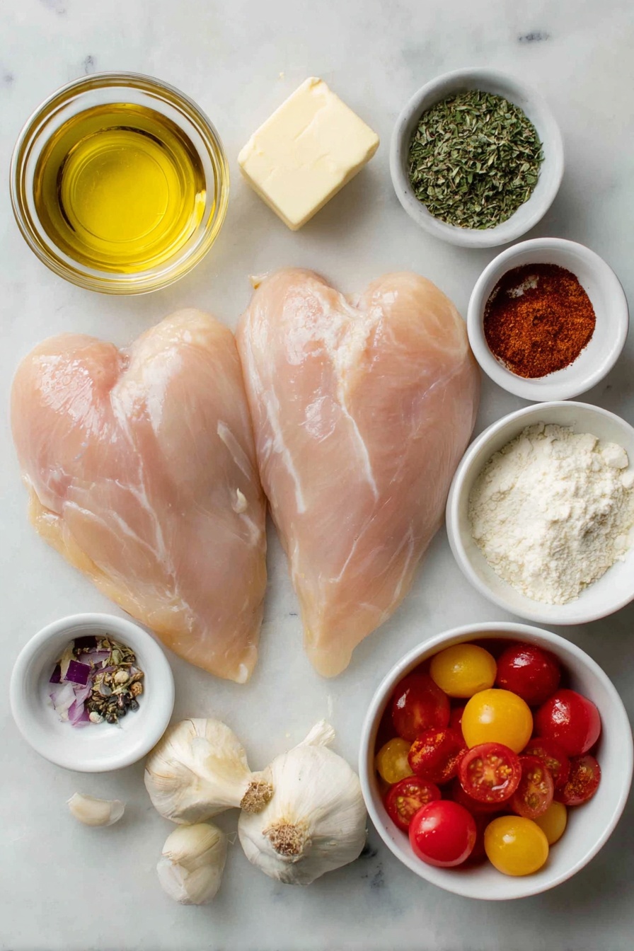 Flat lay of two large raw chicken breasts with a natural pink hue, a small white ceramic bowl of all-purpose flour, a few pats of creamy butter, a small white bowl of golden olive oil, a small white bowl containing a mix of smoked paprika, garlic powder, and onion powder spices, a small pile of coarse salt, small piles of dried oregano and dried thyme leaves, a tiny pile of black pepper, a small pinch of cayenne pepper, half of a medium red onion chopped into pieces, a simple white ceramic bowl filled with halved vibrant red cherry tomatoes, two chopped bell peppers in yellow and red, four whole unpeeled garlic cloves, a small white bowl with light golden chicken broth, a small white bowl with fine white cornstarch powder, a small white bowl filled with thick, pale heavy cream, a small white bowl with freshly squeezed lime juice, a small pile of finely grated Parmesan cheese, and a few sprigs of fresh parsley, all arranged with perfect symmetry and balanced proportions, placed on a clean white marble surface, soft natural light, photo taken with an iPhone, professional food photography style, fresh ingredients, white ceramic bowls, no bottles, no duplicates, no utensils, no packaging --ar 2:3 --v 7 --p m7354615311229779997