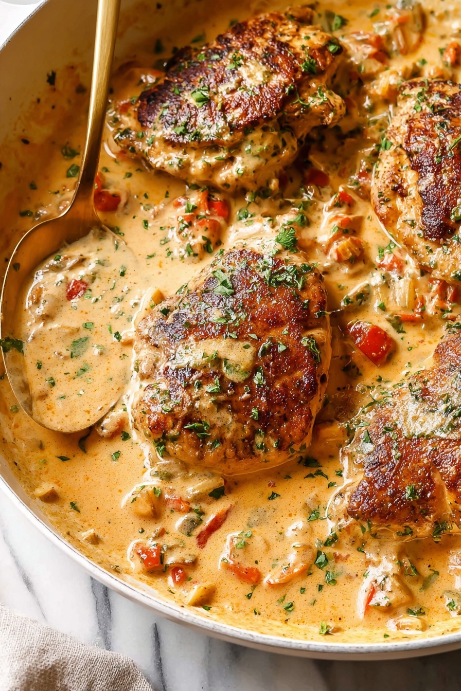 A close-up of four browned pieces of chicken in a white pan filled with creamy sauce, the sauce is light orange with specks of herbs, small chunks of red and orange vegetables are mixed in. The chicken pieces are browned with a rough texture and sprinkled with green herbs on top. A golden spoon is resting on the pan’s edge and is partly covered in sauce. The surface under the pan has a white marbled texture. photo taken with an iphone --ar 2:3 --v 7