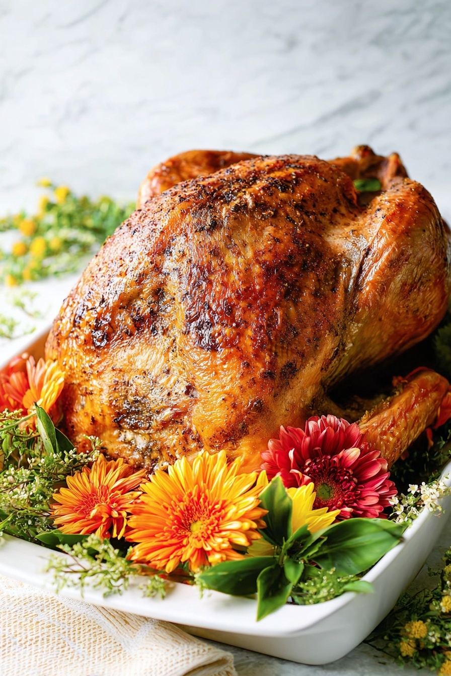 A golden brown roasted turkey sits in the center of a large white rectangular dish, showing a crispy, textured skin with some dark seasoning spots. Around the turkey, there are bright orange and yellow chrysanthemum flowers, red and yellow flowers, and fresh green leafy herbs, all inviting and vibrant. The dish is placed on a white marbled surface, with a soft-focus white background. The warm colors of the flowers contrast beautifully with the rich, roasted turkey tones, making the whole presentation look fresh and festive. photo taken with an iphone --ar 2:3 --v 7