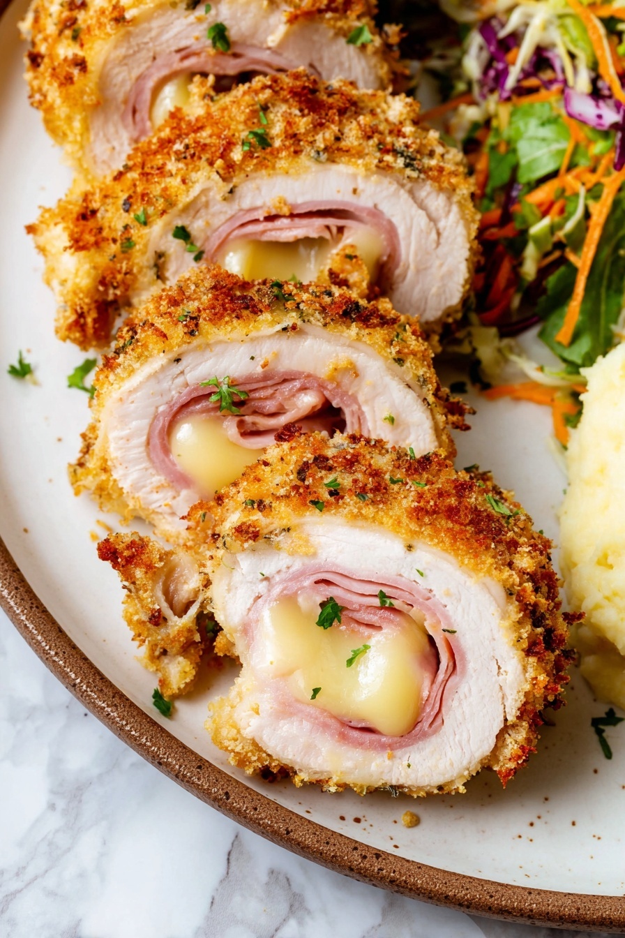 The image shows four pieces of breaded rolled chicken cut to reveal layers inside, each piece having a crunchy golden-brown outer crust with specks of herbs, a layer of pale pink ham folded inside, and melted light yellow cheese with a slightly stretchy texture in the center, garnished with small green parsley bits. The pieces are arranged in a line on a white plate with brown rim, alongside a colorful salad with green, orange, and purple shredded vegetables, and a portion of mashed potatoes seen on the side; the background has a white marbled texture. photo taken with an iphone --ar 2:3 --v 7