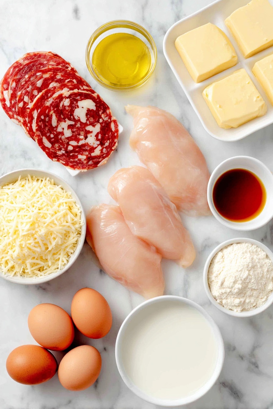 Flat lay of four fresh medium chicken breasts with smooth pale pink skin, eight thin slices of natural Black Forest ham with rich marbling, a small white ceramic bowl filled with shredded Swiss Gruyere cheese that is pale yellow and finely grated, a small white bowl containing golden panko breadcrumbs, a small white bowl holding grated Parmesan cheese with a granular texture, three whole uncracked brown eggs, a small white bowl of golden olive oil, a small white bowl with smooth pale yellow unsalted butter chunks, a small white bowl of thick creamy Dijon mustard, a small white bowl of amber-colored honey, a small white bowl of light golden chicken broth, a small white bowl of white cornstarch powder, a small white bowl with thick white heavy cream, and fresh bright green parsley sprigs arranged neatly, all placed on a clean white marble surface, soft natural light, photo taken with an iPhone, professional food photography style, fresh ingredients, white ceramic bowls, no bottles, no duplicates, no utensils, no packaging --ar 2:3 --v 7 --p m7354615311229779997