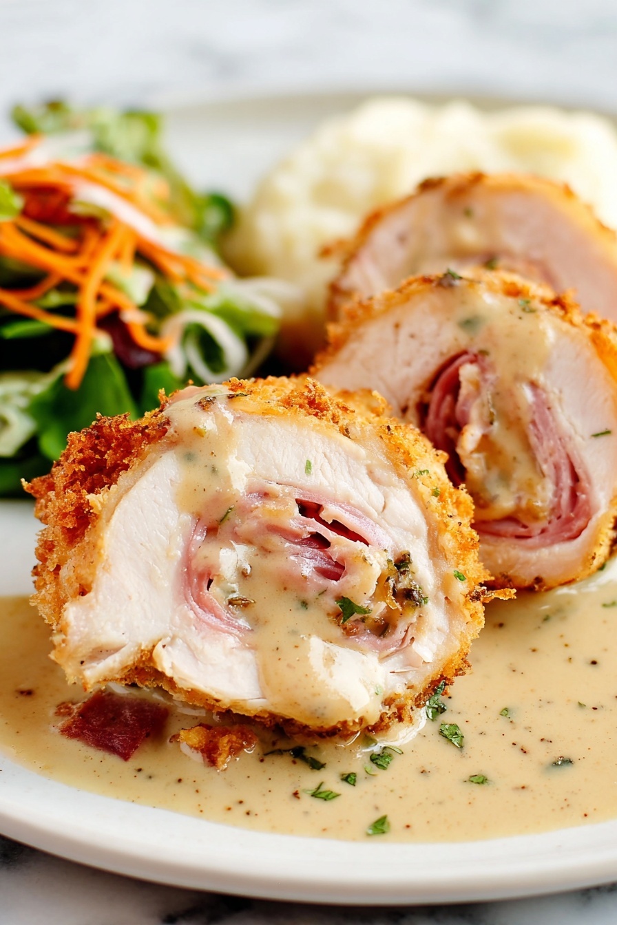 The image shows three slices of rolled and crispy fried chicken with a golden brown crunchy crust. Inside, the chicken is light pink and filled with layers of thin pink ham. Creamy light tan sauce with specks of herbs and pepper covers the chicken slices. The dish is served on a white plate with mashed white potatoes on the side and some green leafy salad with shredded carrots in the background. The white marbled surface can be seen under the plate. photo taken with an iphone --ar 2:3 --v 7