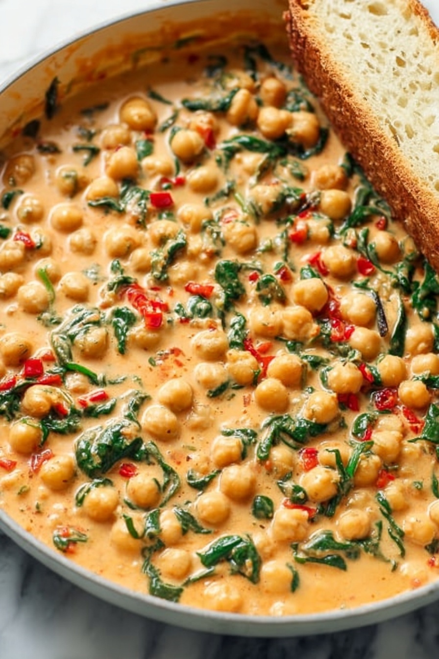 A saucepan filled with a creamy orange chickpea curry that has two main layers: round chickpeas giving a bumpy texture mixed with wilted dark green spinach leaves and bits of red peppers, creating contrast throughout. A wooden spoon is partially immersed near the bottom right, its light brown wood grain visible and a bit shiny from the sauce. The pan has a white interior edge and a shiny metal handle, placed on a white marbled textured surface with a piece of bread peeking from the bottom left corner. photo taken with an iphone --ar 2:3 --v 7