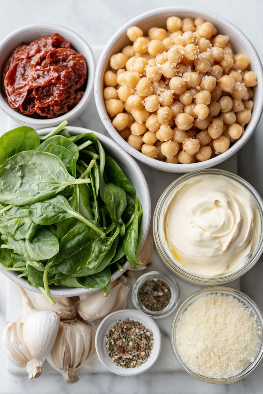 Flat lay of a simple white ceramic bowl filled with golden chickpeas, a small white bowl of vibrant red chopped sun dried tomatoes, a small white bowl containing smooth creamy vegan cream, fresh bright green baby spinach leaves neatly piled, a few fresh basil leaves roughly chopped, five whole uncracked garlic cloves, a small white bowl holding rich red tomato paste, a small white bowl with glossy olive oil, a small white bowl of mixed dried oregano and crushed red chili flakes, a small white bowl of coarse salt crystals, a small white bowl of ground black pepper, and a small white bowl with finely grated vegan parmesan cheese, all ingredients fresh and natural, arranged in perfect symmetry on a clean white marble surface, soft natural light, photo taken with an iPhone, professional food photography style, fresh ingredients, white ceramic bowls, no bottles, no duplicates, no utensils, no packaging --ar 2:3 --v 7 --p m7354615311229779997