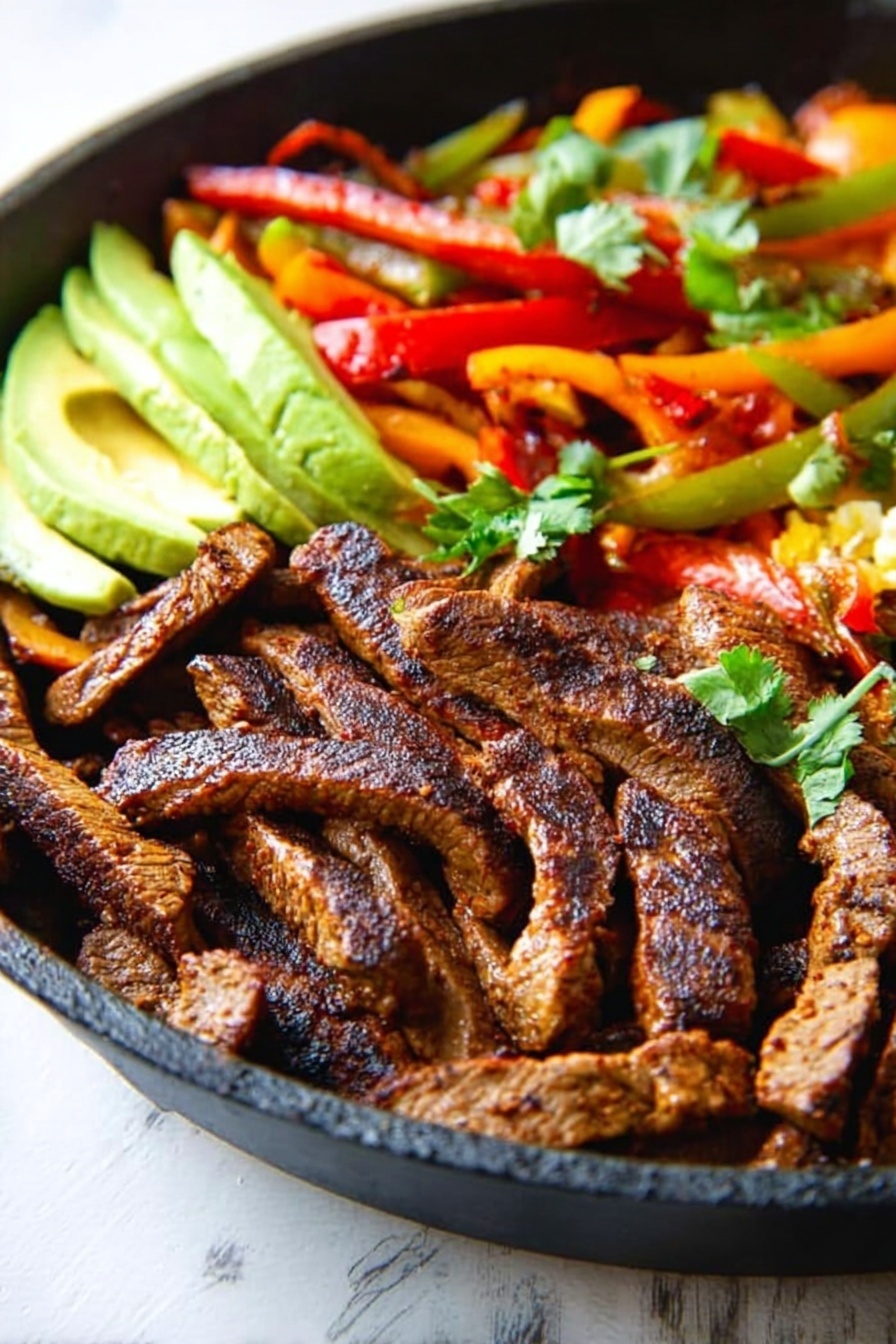 The image shows a black skillet filled with many dark brown grilled strips of meat piled in the center. To the side, there are bright slices of avocado with a smooth texture, light green in color. Behind the meat, there are colorful cooked veggies including red, orange, and yellow bell peppers mixed with green strips, all slightly glossy and soft. Some fresh green herb leaves are scattered on top of the meat and around the skillet. The skillet is sitting on a white marbled surface. photo taken with an iphone --ar 2:3 --v 7