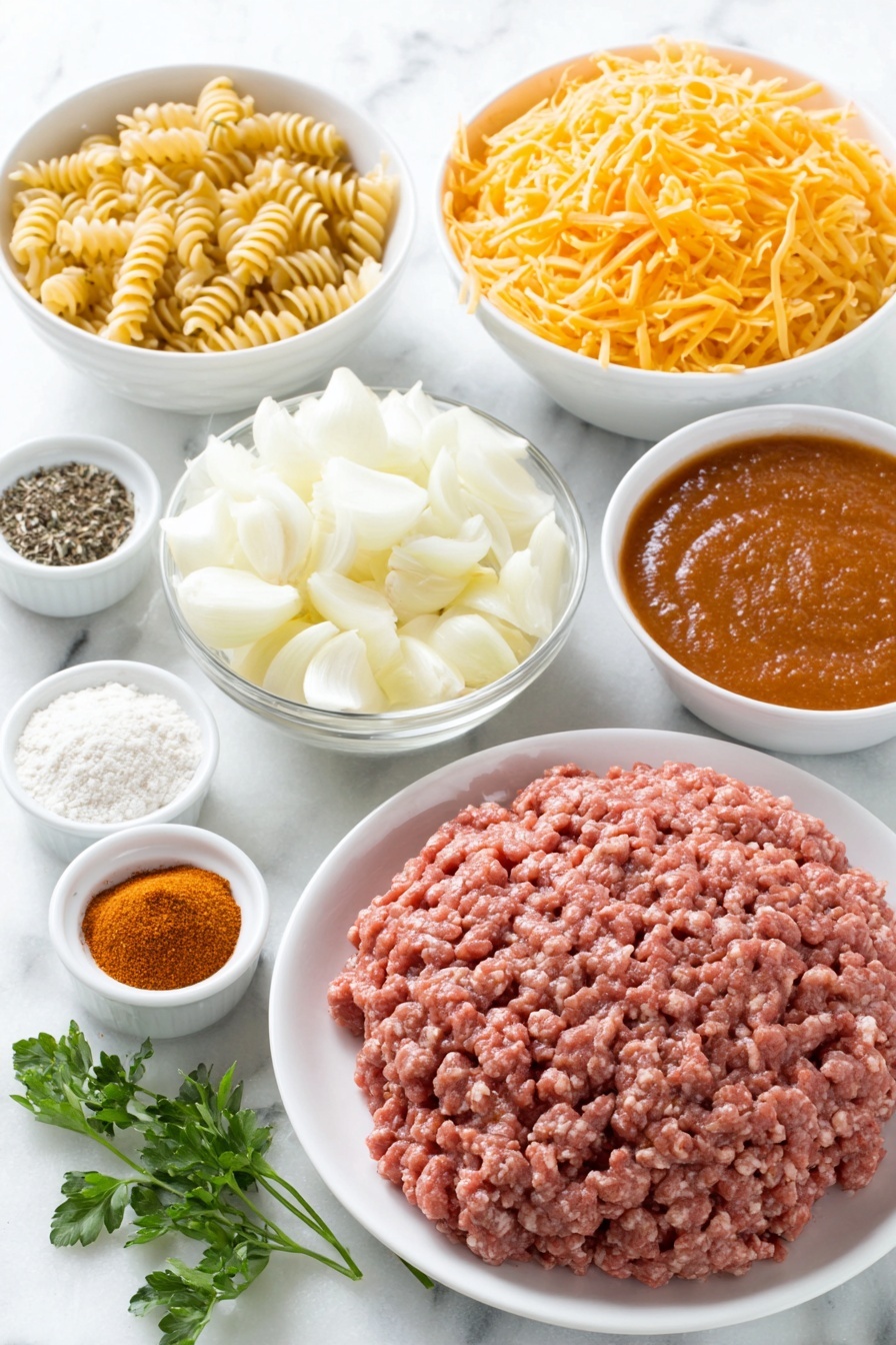 Flat lay of a small puddle of golden cooking oil in a simple white ceramic bowl, half a medium yellow onion diced on a white ceramic plate, two peeled garlic cloves finely minced and placed neatly on a white ceramic dish, a mound of fresh vegan ground beef alternative shaped naturally on a white ceramic plate, a small white ceramic bowl filled with fine white cornstarch powder, a white ceramic bowl holding a mix of red chili powder, dried green oregano, and deep orange paprika powders arranged side by side, a white ceramic bowl with creamy warm unsweetened almond milk, another white ceramic bowl containing dark amber vegan beef broth, a white ceramic bowl filled with vibrant red tomato sauce, a pile of uncooked rotini pasta spirals, a white ceramic bowl with coarse white salt, a white ceramic bowl with cracked black peppercorns, a small mound of shredded bright orange vegan cheddar cheese, and a few sprigs of fresh green parsley leaves placed delicately on a white ceramic dish, all placed on a clean white marble surface, soft natural light, photo taken with an iPhone, professional food photography style, fresh ingredients, white ceramic bowls, no bottles, no duplicates, no utensils, no packaging --ar 2:3 --v 7 --p m7354615311229779997