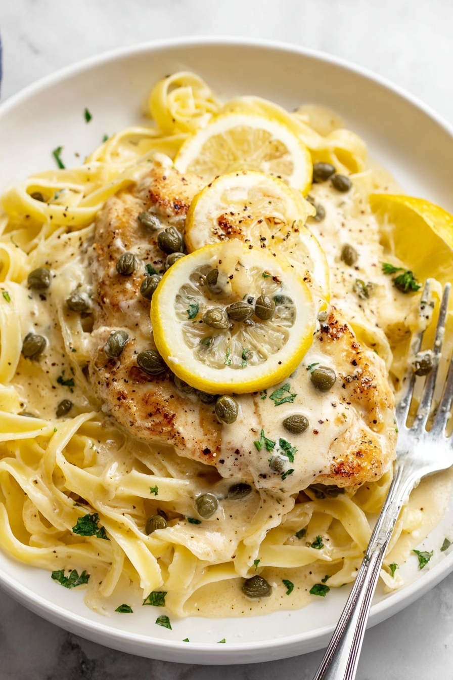 A white plate sits on a white marbled surface, filled with creamy fettuccine pasta as the bottom layer, pale yellow in color and smooth in texture. On top of the pasta is a golden-brown cooked chicken piece covered in a creamy light beige sauce speckled with crushed black pepper and small green capers. There are two lemon slices, one behind the chicken and one resting partially on top, both bright yellow with a juicy texture. The dish is sprinkled with small bits of green herbs and cracked black pepper, creating contrast. A silver fork rests on the right side of the plate, partly under the pasta. Photo taken with an iphone --ar 2:3 --v 7