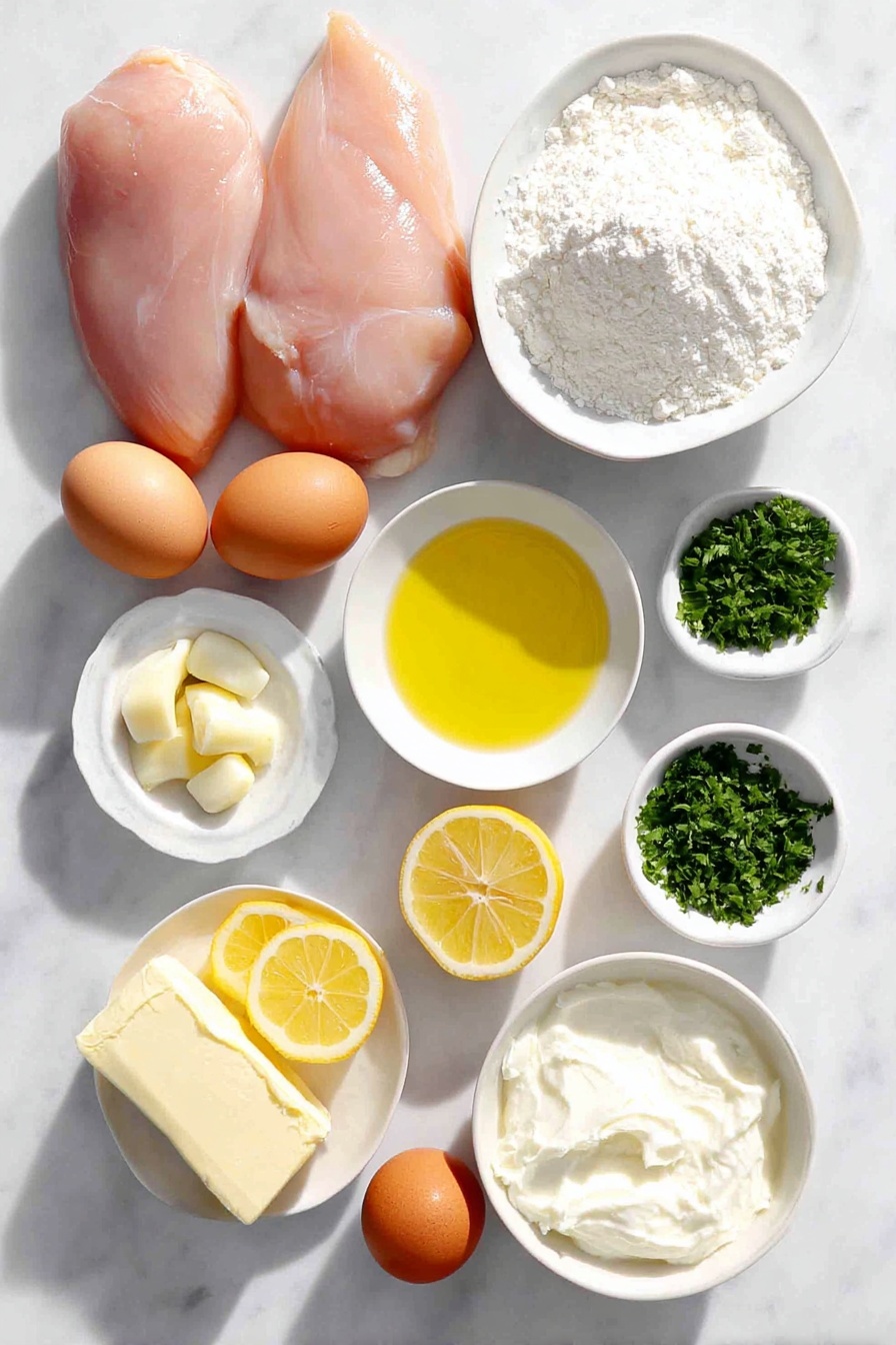 Flat lay of fresh boneless skinless chicken breasts, a small mound of white flour on a simple white ceramic plate, three whole uncracked brown eggs, a small white bowl of golden olive oil, a small white bowl with softened yellow butter, three peeled garlic cloves, a few bright green sprigs of chopped parsley, a small white bowl filled with creamy white heavy cream, a small white bowl of clear chicken broth, a small white bowl of green capers, thin lemon slices arranged on a white ceramic dish, and a small white bowl with pale yellow lemon juice, all arranged symmetrically on a clean white marble surface, soft natural light, photo taken with an iPhone, professional food photography style, fresh ingredients, white ceramic bowls, no bottles, no duplicates, no utensils, no packaging --ar 2:3 --v 7 --p m7354615311229779997