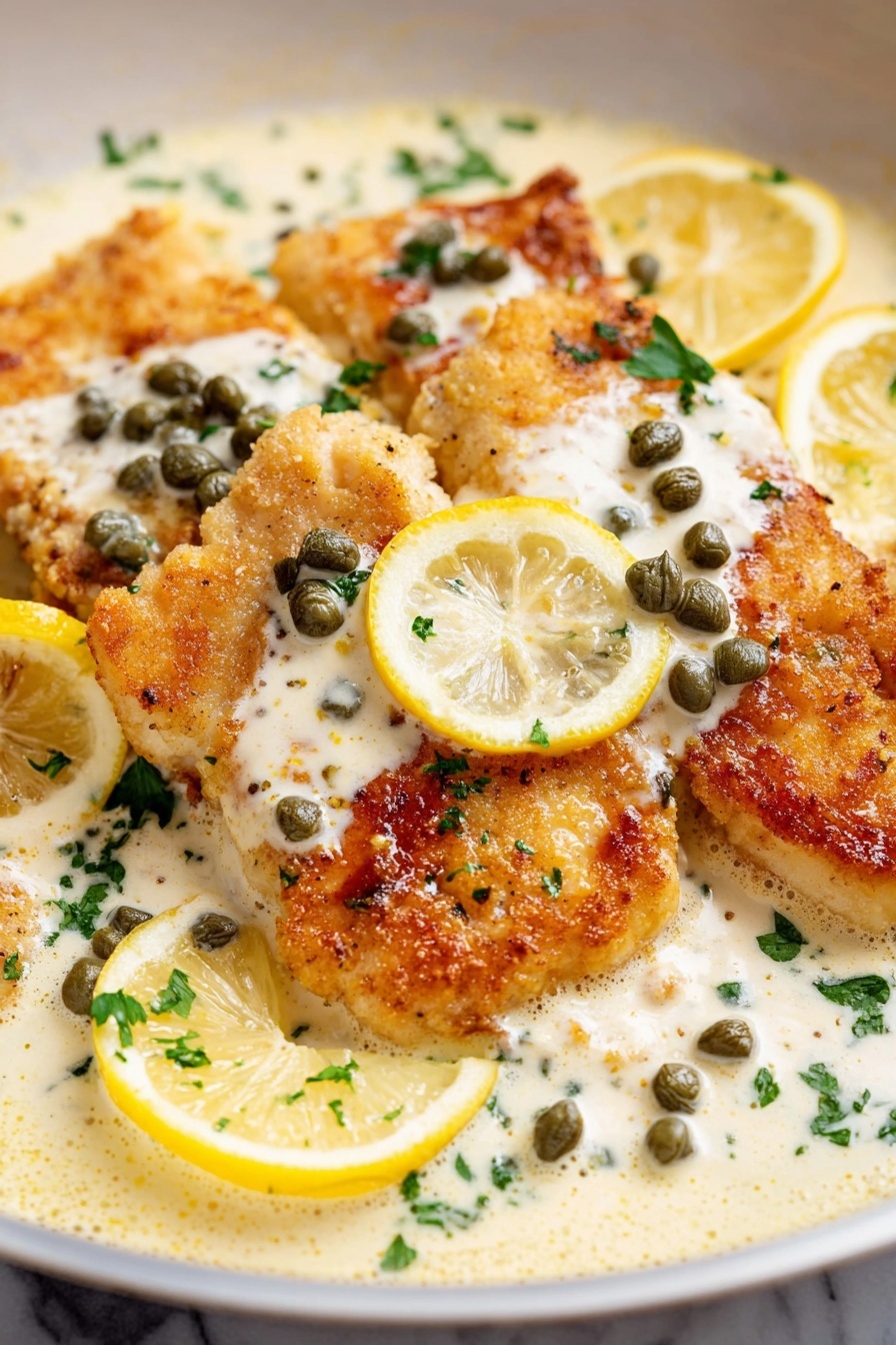 The image shows a close-up of golden brown chicken pieces layered in a creamy white sauce with green capers scattered on top. There are thin yellow lemon slices placed around the chicken, adding bright contrast. Small green parsley bits are sprinkled over the dish. The texture of the chicken is crispy and slightly rough, while the sauce looks smooth and rich. The dish is set against a white marbled texture background. Photo taken with an iphone --ar 2:3 --v 7