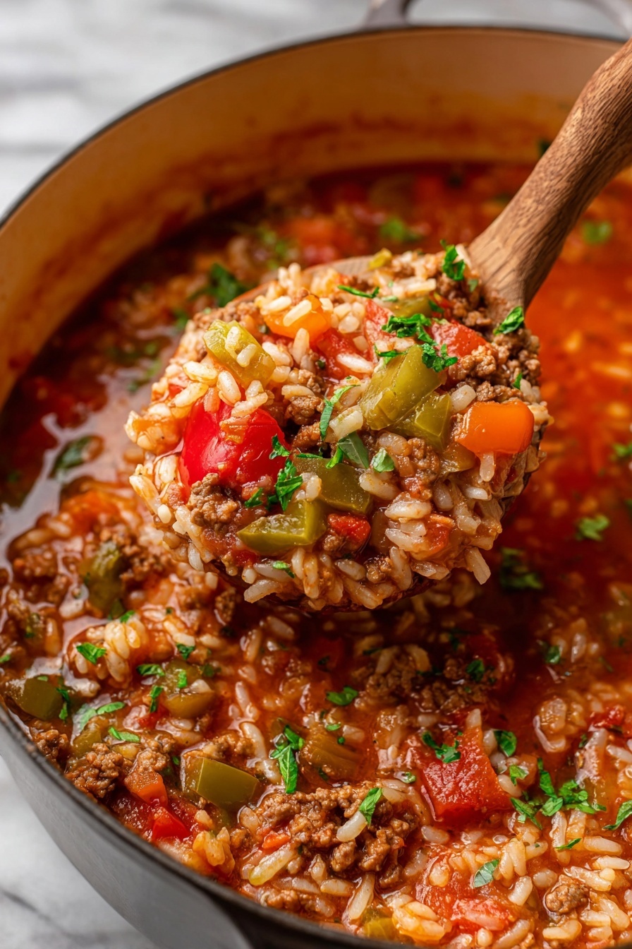 The image shows a close-up of a spoon lifting a mix of cooked rice, ground beef, and diced vegetables from a pot. The dish has several layers visible: a base of soft, orange-red tomato sauce, with white and slightly transparent rice grains scattered throughout. On top of the rice, there are pieces of cooked, brown ground beef mixed with small cubes of green and orange bell peppers, and red tomato chunks. Small bits of fresh green herbs are sprinkled over everything, adding a pop of color. The pot is set against a white marbled surface. Photo taken with an iphone --ar 2:3 --v 7