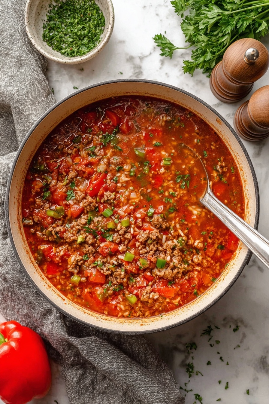 A large white pot filled with a thick, colorful stew sits on a white marbled surface. The dish has at least three visible layers: a chunky tomato-based broth with bright red cooked tomato pieces, browned ground meat, and soft grains of rice. Scattered on top are small green bell pepper pieces and finely chopped fresh herbs, adding green pops of color. A silver spoon rests on the pot's edge inside the stew. Nearby are a gray cloth, a bunch of fresh parsley, a bowl with green chopped herbs, a red bell pepper, and two wooden pepper mills, all placed on the white marbled surface photo taken with an iphone --ar 2:3 --v 7