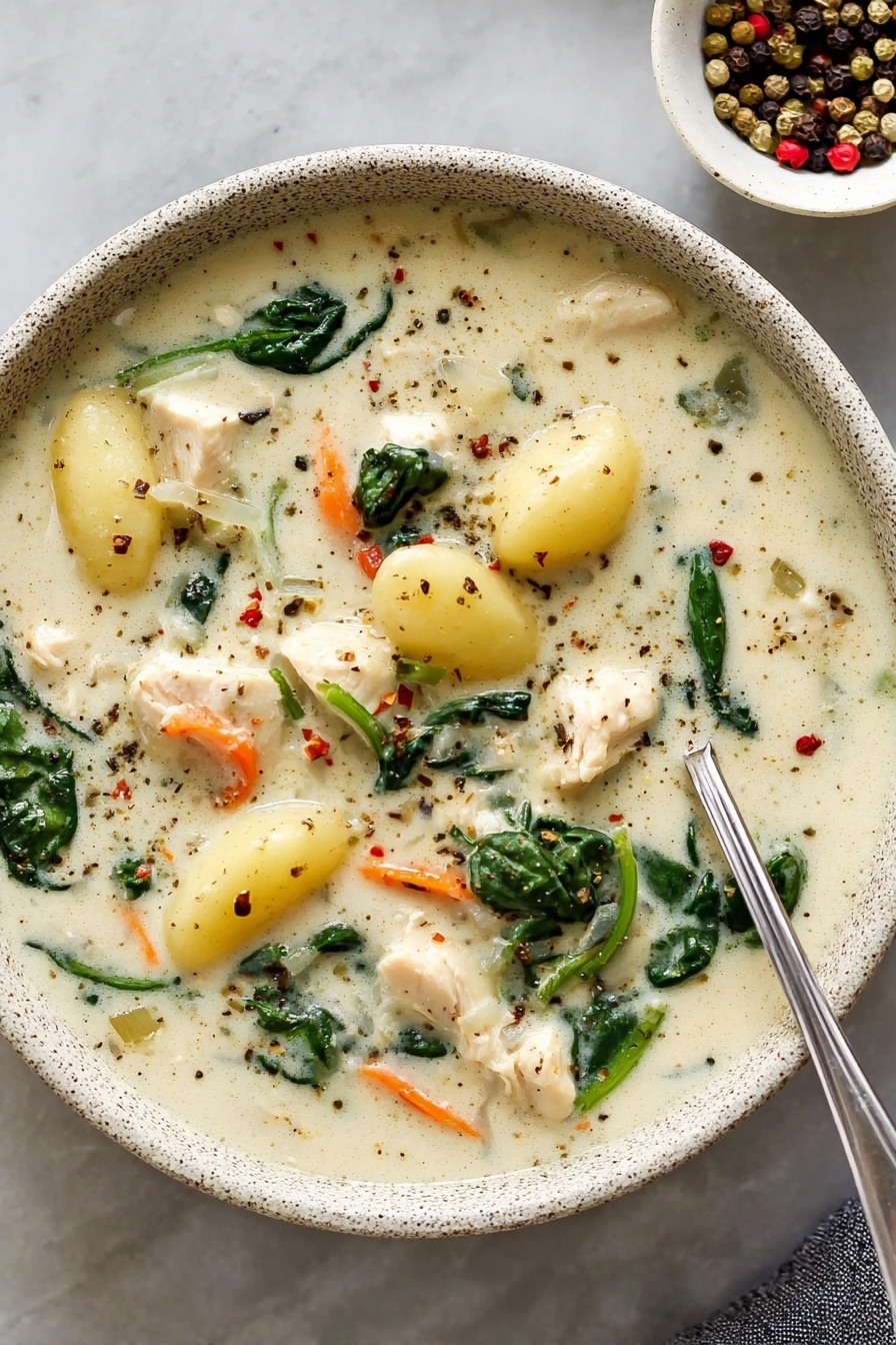 A white speckled bowl filled with a creamy off-white soup that has a thick texture. Inside the soup, there are several yellow gnocchi pieces, bright green spinach leaves, small orange carrot strips, and white pieces of chicken evenly spread throughout. The soup is topped with a light sprinkle of black pepper and red flakes. The bowl is placed on a white marbled surface, with a silver spoon resting on the edge of the bowl and a smaller white bowl filled with multicolored peppercorns slightly visible in the background. photo taken with an iphone --ar 2:3 --v 7