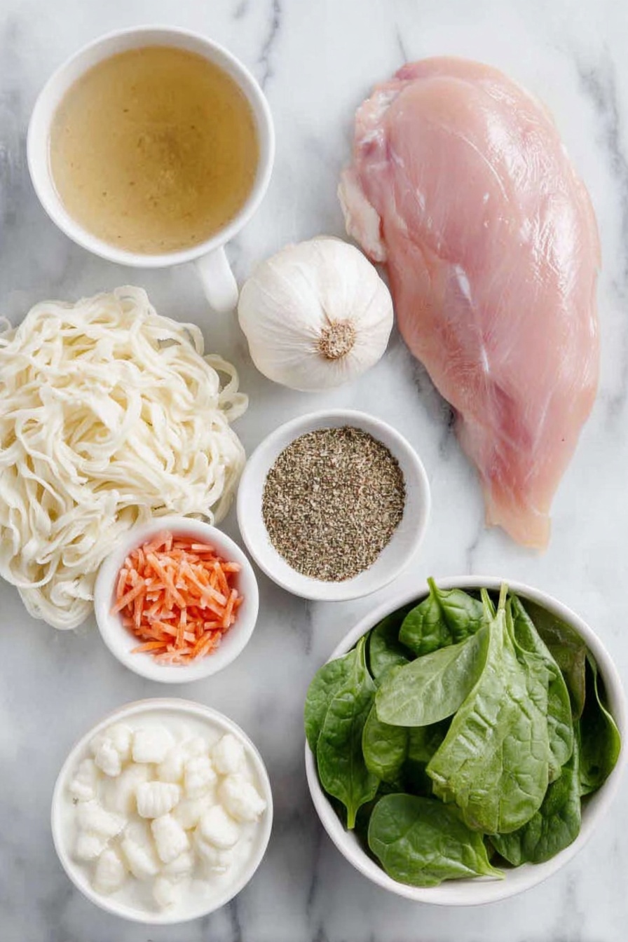 Flat lay of a raw boneless skinless chicken breast, half a yellow onion diced, four whole garlic cloves unpeeled, one celery stalk diced, a small pile of shredded carrots, a small white bowl of golden chicken broth, a small white bowl of dried Italian seasoning and basil mixed, a single bay leaf, a small white bowl of heavy cream, a small mound of fresh potato gnocchi, and a tight bundle of fresh baby spinach leaves, placed on a clean white marble surface, soft natural light, photo taken with an iPhone, professional food photography style, fresh ingredients, white ceramic bowls, no bottles, no duplicates, no utensils, no packaging --ar 2:3 --v 7 --p m7354615311229779997