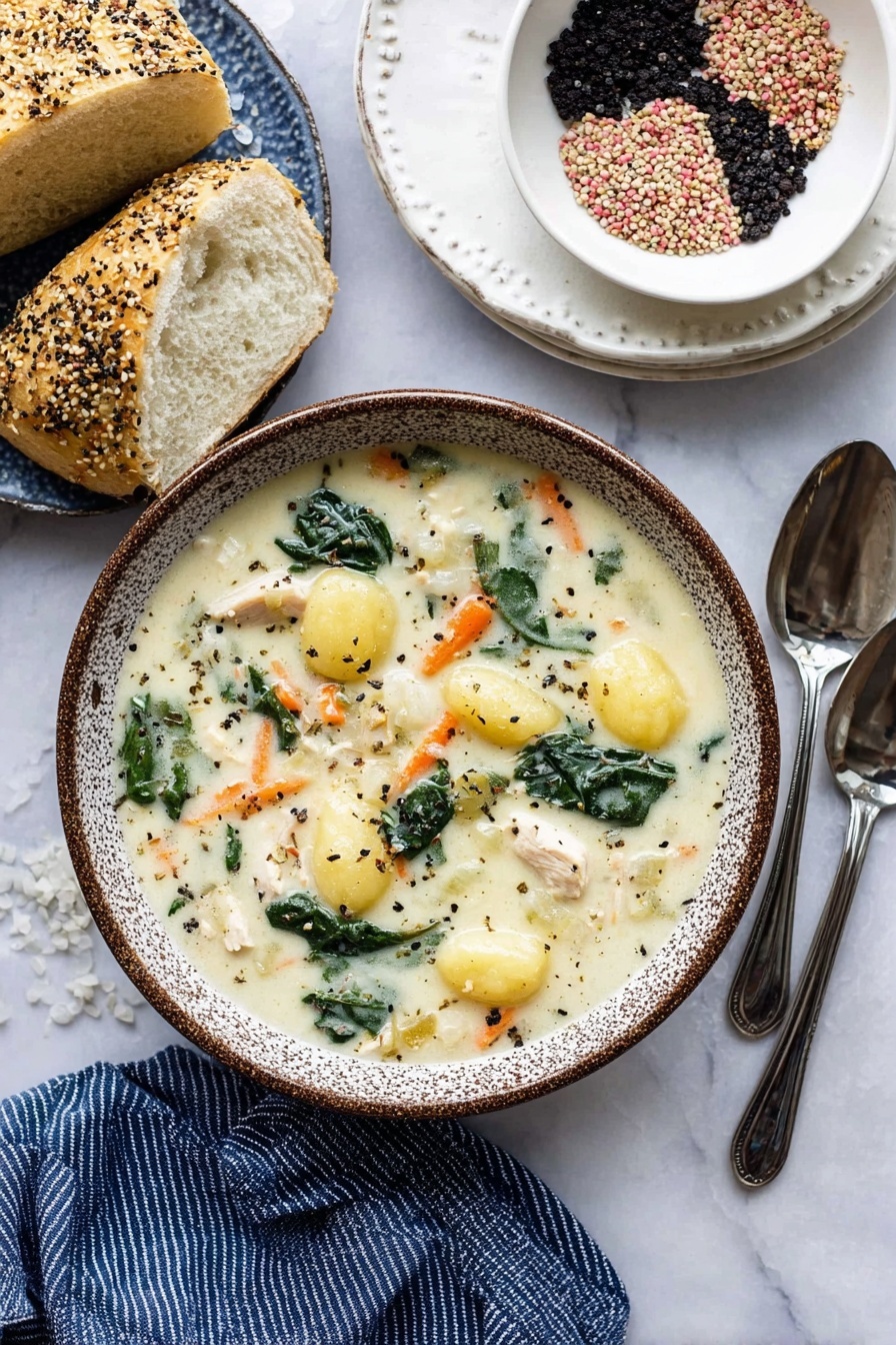 A white bowl filled with creamy soup showing several layers: a thick white broth with a smooth texture forms the base layer, with visible pieces of small yellow potato gnocchi scattered throughout. There are green spinach leaves placed evenly inside the soup, adding patches of dark green color. Thin orange carrot strips and small pieces of white meat are mixed in the soup, creating a colorful mix on the creamy surface. The bowl has a speckled brown rim, sitting on a white marbled surface. Nearby is a piece of white bread with a rough texture, and two clean silver spoons rest beside the bowl. Above the bowl, a white bowl contains a variety of black, pink, and white whole peppercorns. A white plate with two pieces of sesame seed-covered bread is on the upper left, accompanied by a folded blue striped napkin on the left side. photo taken with an iphone --ar 2:3 --v 7
