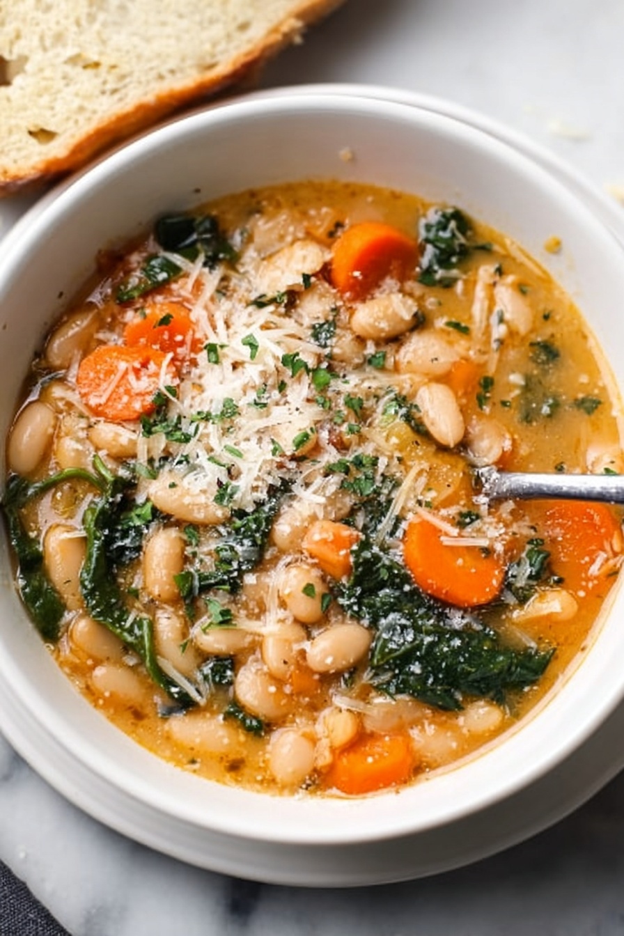 The image shows a white bowl filled with thick soup that has white beans, sliced orange carrots, and dark green leafy vegetables in a creamy, light brown broth. The soup is topped with some grated white cheese and small green herb sprinkles. A silver spoon is placed inside the bowl on the right side. The bowl sits on a white plate, with a piece of light brown bread resting next to it on a white marbled surface in the background. photo taken with an iphone --ar 2:3 --v 7