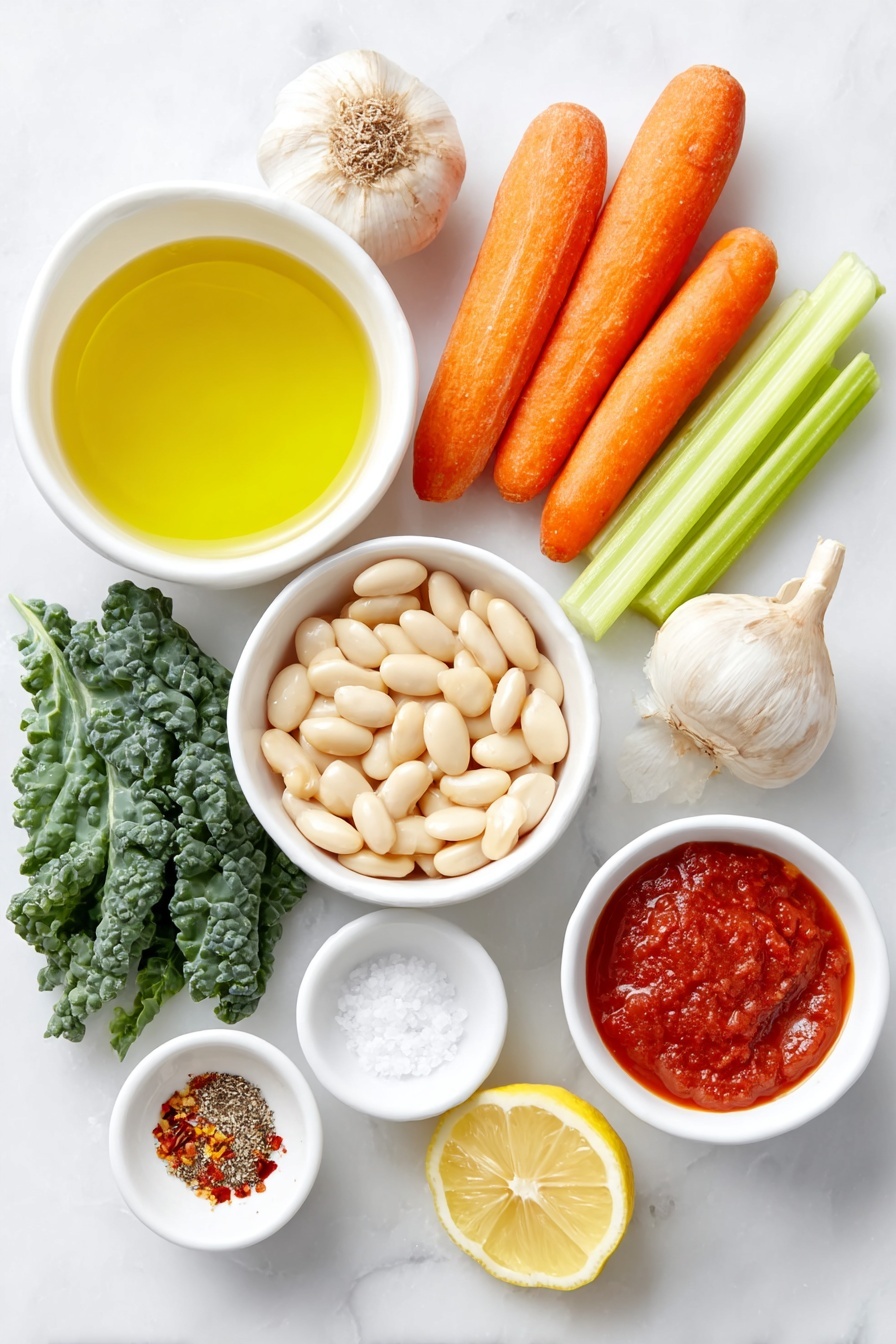 Flat lay of a small white ceramic bowl of golden olive oil, one medium whole sweet onion with its papery skin intact, five whole uncracked garlic bulbs clustered neatly, two large vibrant orange carrots peeled and sliced into coins, two fresh celery stalks with leaves, four small piles of plump white cannellini beans, a simple white ceramic bowl filled with clear vegetable broth, a small white ceramic bowl with rich red tomato paste, a small white ceramic bowl holding mixed dried Italian seasoning herbs, a small white ceramic bowl of bright red chili flakes, a small white ceramic bowl of coarse ground black pepper, a small white ceramic bowl of white sea salt crystals, a neat pile of fresh dark green chopped kale leaves, and a small white ceramic bowl of fresh lemon juice wedges placed on a clean white marble surface, soft natural light, photo taken with an iPhone, professional food photography style, fresh ingredients, white ceramic bowls, no bottles, no duplicates, no utensils, no packaging --ar 2:3 --v 7 --p m7354615311229779997