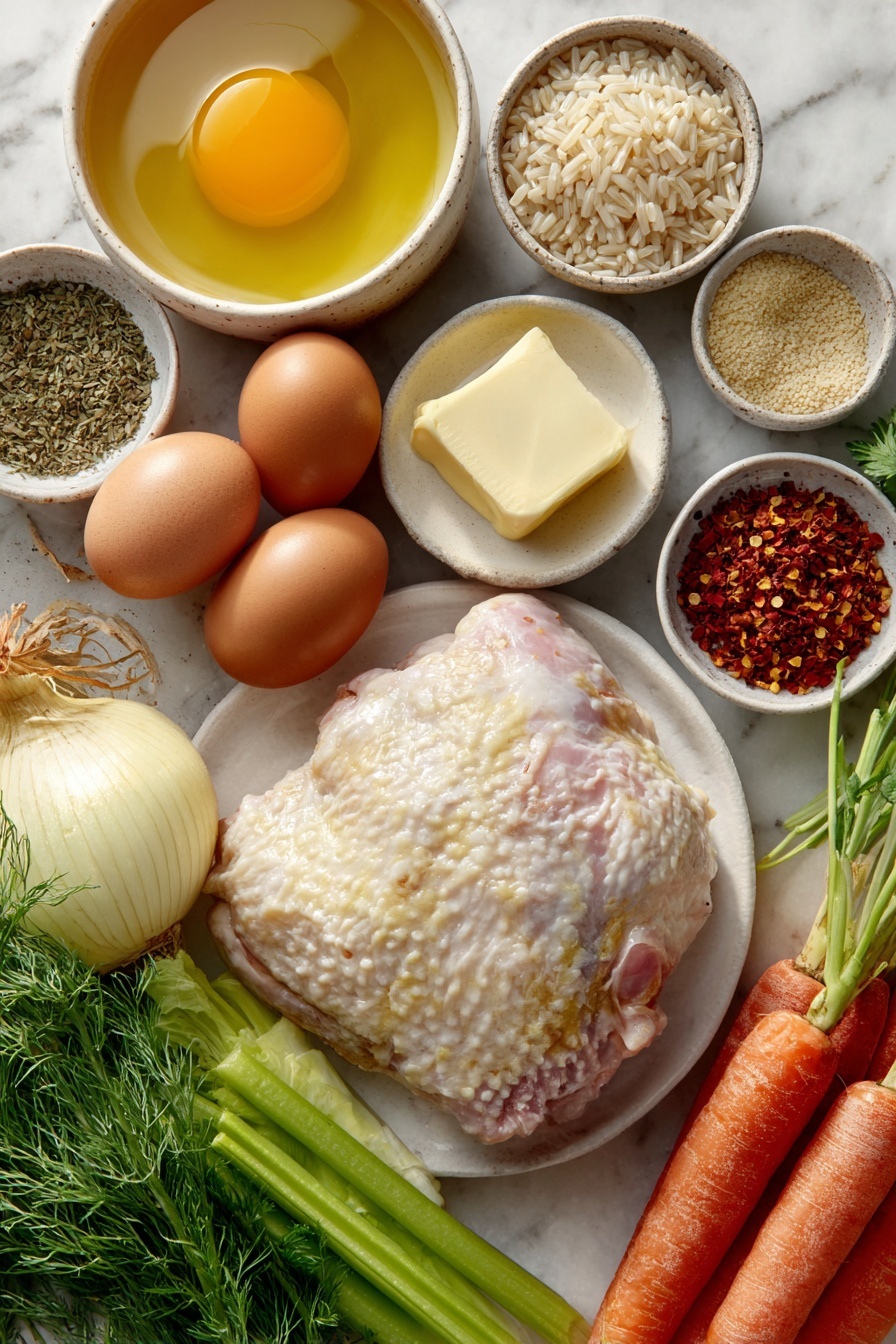 Flat lay of a small white ceramic bowl of golden olive oil, a raw boneless skinless chicken thigh with natural texture and color, a few whole brown eggs with clean shells, a pat of unsalted butter on white ceramic plate, a whole yellow onion with papery skin, three fresh celery stalks with vibrant green leaves, three peeled medium carrots showing bright orange flesh, a few garlic cloves unpeeled, a small white ceramic bowl with red pepper flakes, a small white ceramic bowl of uncooked brown rice grains, a small white ceramic bowl of coarse chicken bouillon granules, small white ceramic bowls containing dried parsley, dried basil, dried thyme, dried oregano, ground mustard, paprika, and dried dill arranged symmetrically, a fresh bay leaf, a small white ceramic bowl filled with golden chicken broth, fresh green beans trimmed and cut into one-inch pieces, a small white ceramic bowl of creamy evaporated milk, and a small bunch of fresh parsley with bright green leaves all placed on a clean white marble surface, soft natural light, photo taken with an iPhone, professional food photography style, fresh ingredients, white ceramic bowls, no bottles, no duplicates, no utensils, no packaging --ar 2:3 --v 7 --p m7354615311229779997