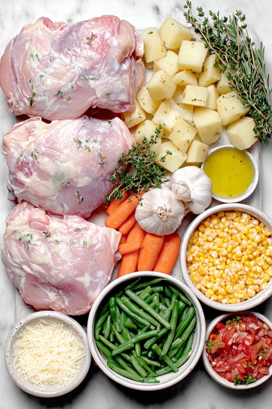 Flat lay of two boneless skinless chicken thighs with clean skin, one diced yellow onion, a small pile of peeled carrot slices about ¼-inch thick, celery slices about ⅜-inch thick, several whole garlic cloves unpeeled, a few fresh green beans chopped into 1-inch pieces, a small mound of cubed Yukon gold potatoes about ½-inch pieces, a small white bowl of golden olive oil, a small white bowl of bright yellow sweet corn kernels, a small white bowl of finely shredded Parmesan cheese, a small white bowl of fire roasted diced tomatoes with juices, and a few fresh parsley sprigs arranged on a simple white ceramic plate and bowls, all ingredients fresh and natural, placed on a clean white marble surface, soft natural light, photo taken with an iPhone, professional food photography style, fresh ingredients, white ceramic bowls, no bottles, no duplicates, no utensils, no packaging --ar 2:3 --v 7 --p m7354615311229779997
