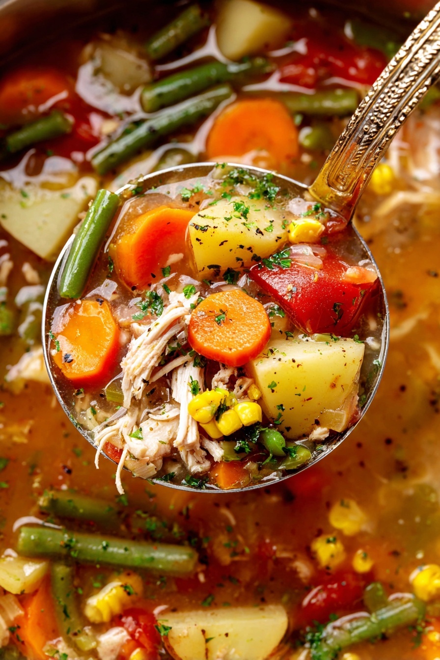 A close-up of a ladle filled with colorful vegetable chicken soup held above the pot, showing layers of vibrant orange carrot slices, yellow potato chunks, green beans, yellow corn kernels, red tomatoes, and shredded white chicken mixed with small bits of onion and herbs, all bathed in a clear brown broth with small black pepper specks and green parsley flakes scattered throughout, over a white marbled background. Photo taken with an iphone --ar 2:3 --v 7