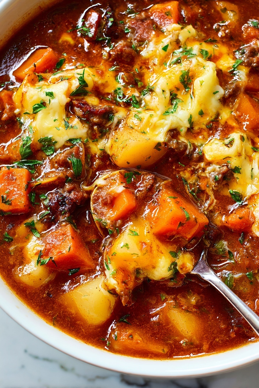Two white bowls are filled with thick vegetable and meat soup, showing three main layers: a thick red broth base with visible small chunks of ground meat, a middle layer of diced orange carrots and pale yellow potatoes, and a top layer of finely chopped green herbs sprinkled over the soup. Each bowl has a gold spoon resting inside or beside it. To the right, part of a pot with the same soup is visible, placed on a white marbled surface scattered lightly with chopped green herbs. Two additional gold spoons lie crossed on the marble near the bottom left, and a beige cloth is on the far right edge. photo taken with an iphone --ar 2:3 --v 7