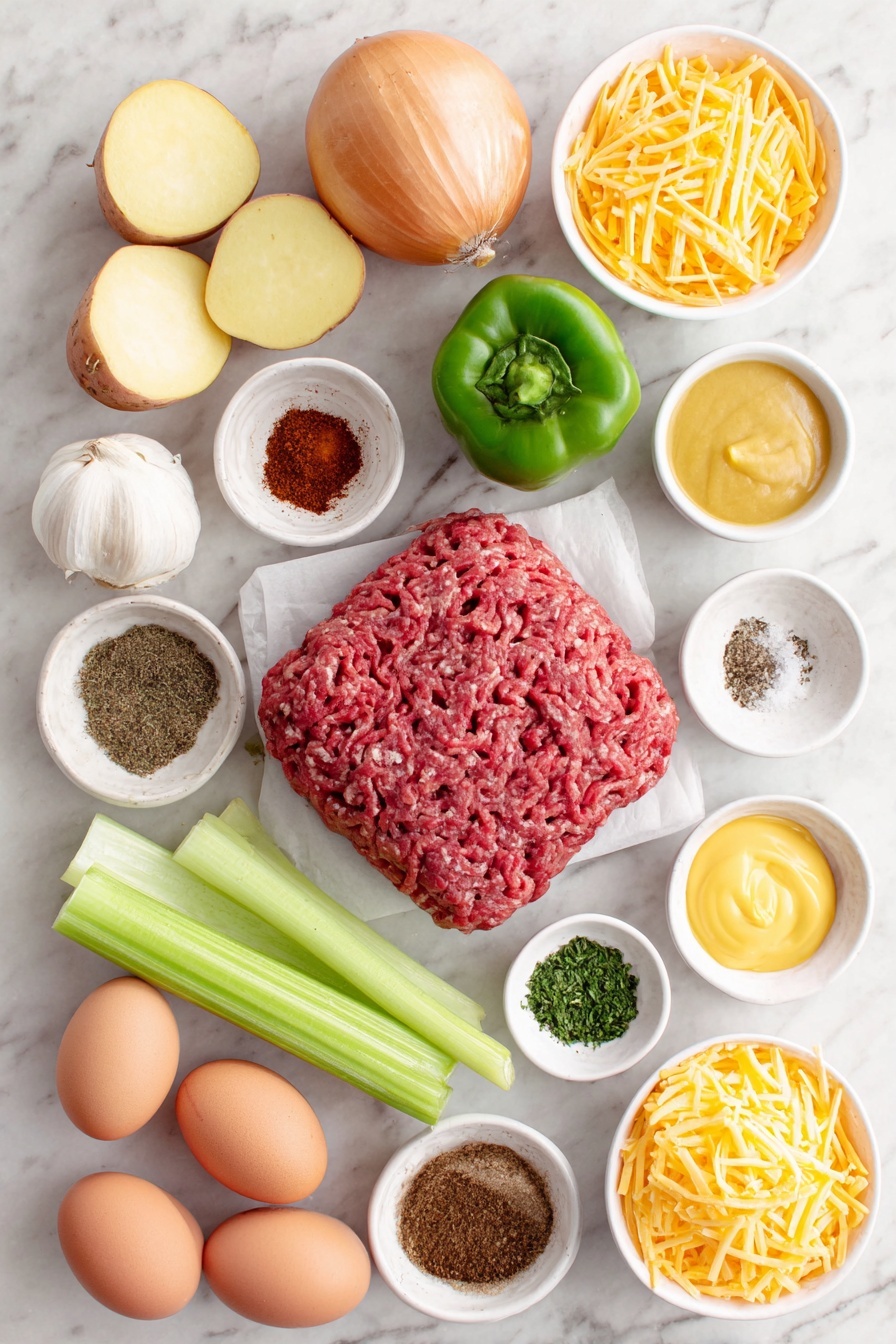 Flat lay of a raw lean ground beef patty, a whole yellow onion, three medium unpeeled carrots, three fresh celery stalks, four garlic cloves with skin, a green bell pepper, a small pile of red and Yukon gold potato chunks, two brown eggs with clean shells, a small white ceramic bowl of chili powder, a small white bowl with ground cumin, a small white bowl with salt, a small white bowl with dried basil, a small white bowl with dried parsley, a small white bowl with dried oregano, a small white bowl with smoked paprika, a small white bowl of black pepper, a small white bowl of yellow deli mustard, a small white bowl containing Worcestershire sauce, a small white bowl with apple cider vinegar, a small white bowl of brown sugar, a small white bowl with liquid smoke, a small white bowl with granulated beef bouillon, a small pile of shredded cheddar cheese, a few fresh parsley sprigs, a few green onions, and a small white bowl of sour cream, all arranged symmetrically on a clean white marble surface, soft natural light, photo taken with an iPhone, professional food photography style, fresh ingredients, white ceramic bowls, no bottles, no duplicates, no utensils, no packaging --ar 2:3 --v 7 --p m7354615311229779997